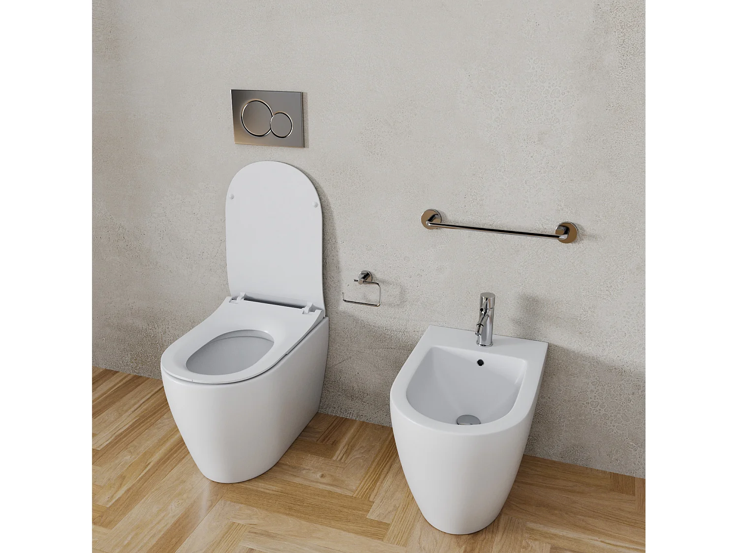 Coppia Sanitari Filomuro Filo Muro Filo Parete Vaso WC E Bidet Design Moderno In Ceramica Con Copriwater Chiusura Soft Close Chiusura Rallentata Colore Bianco Opaco