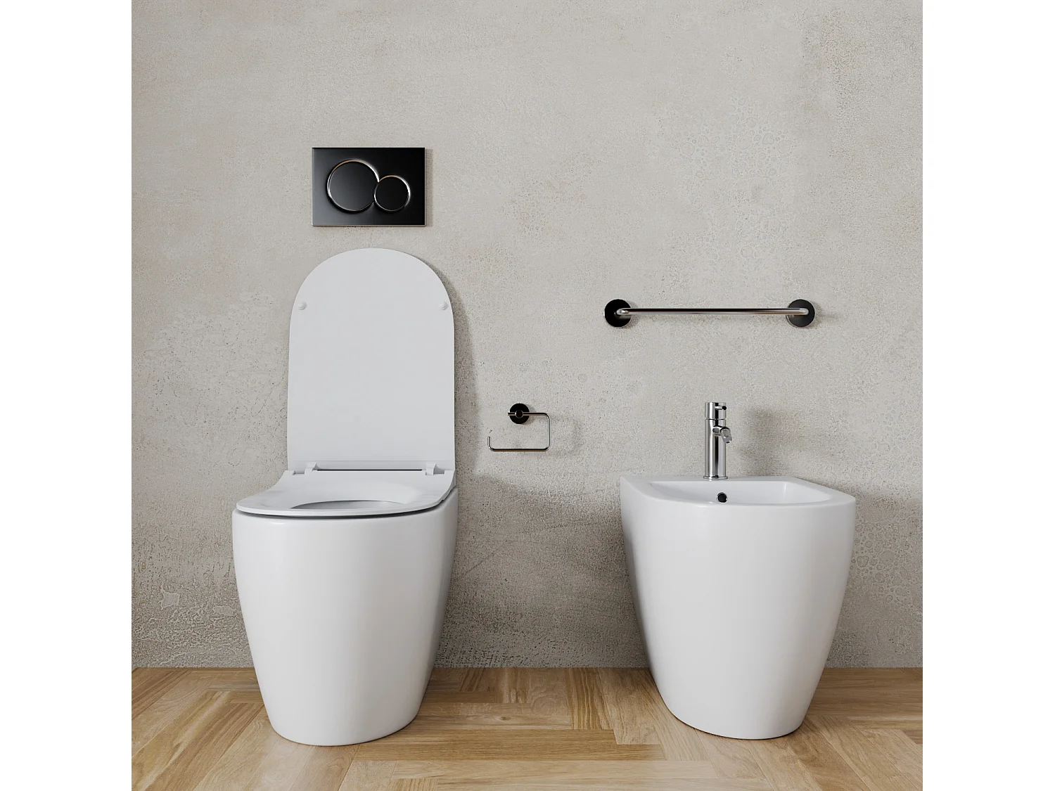 Coppia Sanitari Filomuro Filo Muro Filo Parete Vaso WC E Bidet Design Moderno In Ceramica Con Copriwater Chiusura Soft Close Chiusura Rallentata Colore Bianco Opaco