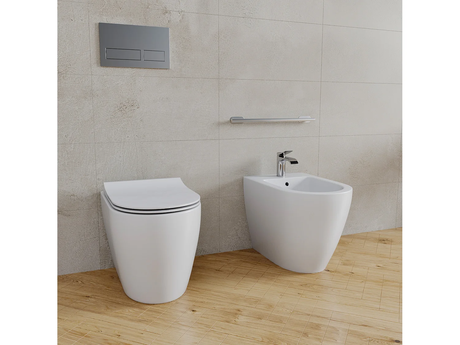 Coppia Sanitari Filomuro Filo Muro Filo Parete Vaso WC E Bidet Design Moderno In Ceramica Con Copriwater Chiusura Soft Close Chiusura Rallentata Colore Bianco Opaco