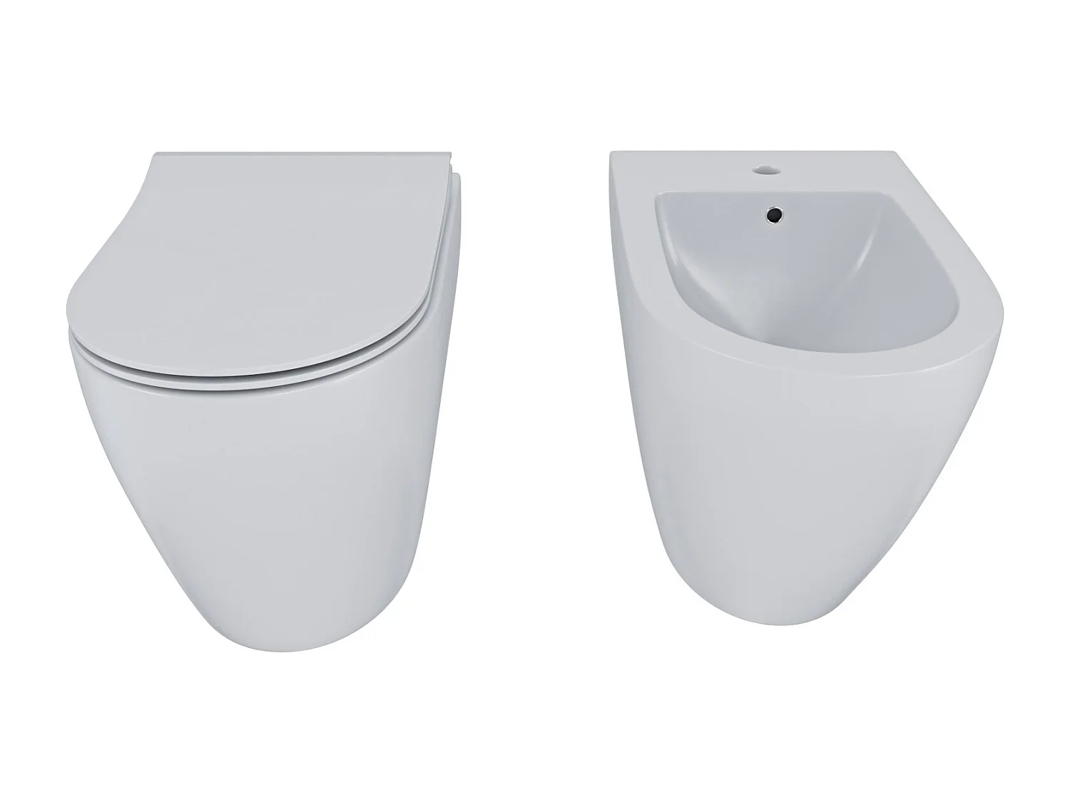 Coppia Sanitari Filomuro Filo Muro Filo Parete Vaso WC E Bidet Design Moderno In Ceramica Con Copriwater Chiusura Soft Close Chiusura Rallentata Colore Bianco Opaco