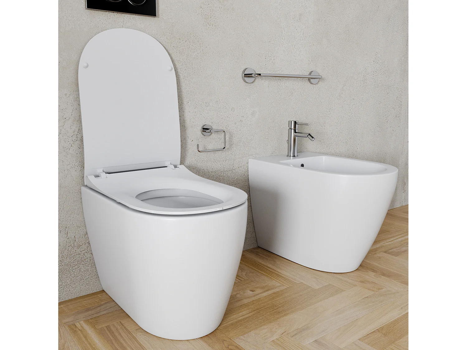 Coppia Sanitari Filomuro Filo Muro Filo Parete Vaso WC E Bidet Design Moderno In Ceramica Con Copriwater Chiusura Soft Close Chiusura Rallentata Colore Bianco Opaco