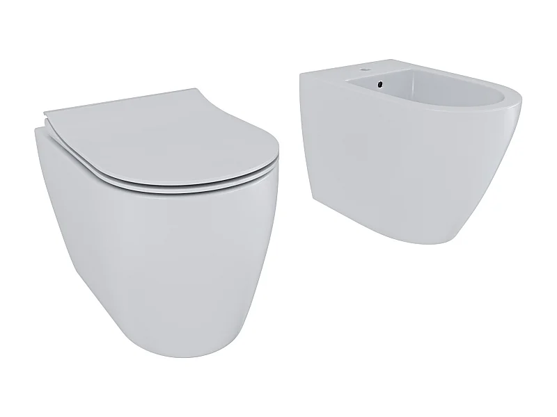 Coppia Sanitari Filomuro Filo Muro Filo Parete Vaso WC E Bidet Design Moderno In Ceramica Con Copriwater Chiusura Soft Close Chiusura Rallentata Colore Bianco Opaco