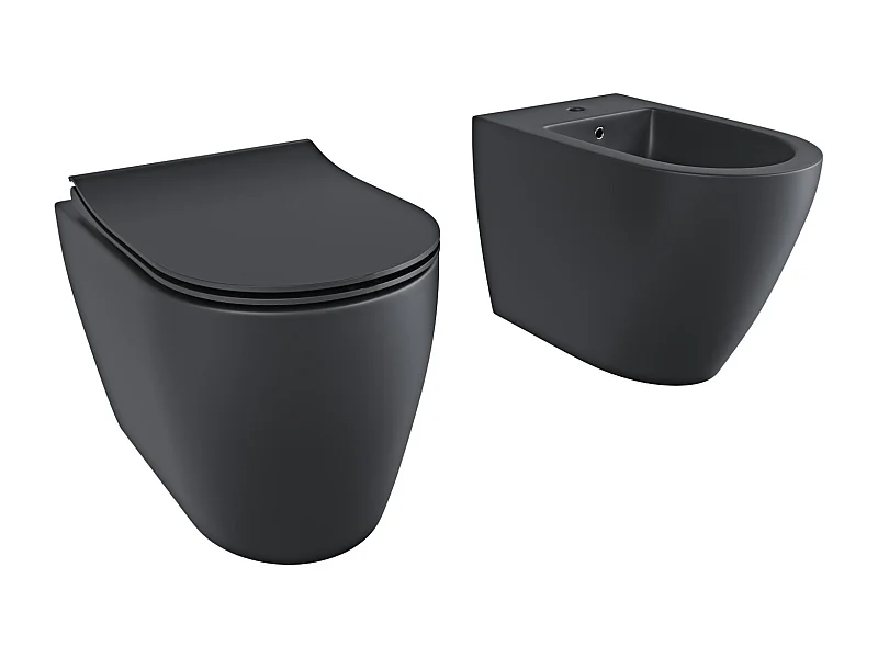 Coppia Sanitari Filomuro Filo Muro Filo Parete Vaso WC E Bidet Design Moderno In Ceramica Con Copriwater Chiusura Soft Close Chiusura Rallentata Colore Nero Opaco