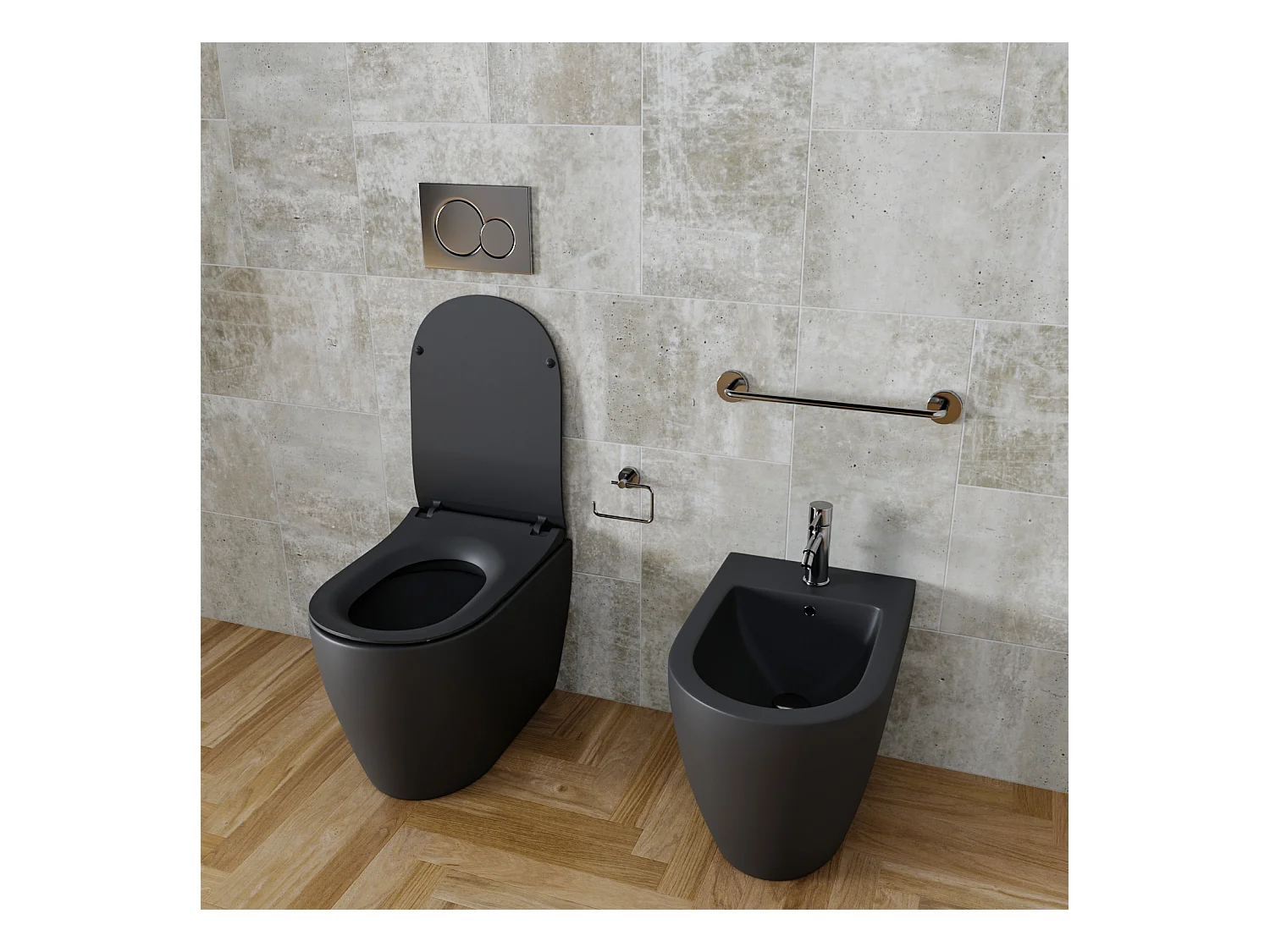 Coppia Sanitari Filomuro Filo Muro Filo Parete Vaso WC E Bidet Design Moderno In Ceramica Con Copriwater Chiusura Soft Close Chiusura Rallentata Colore Nero Opaco