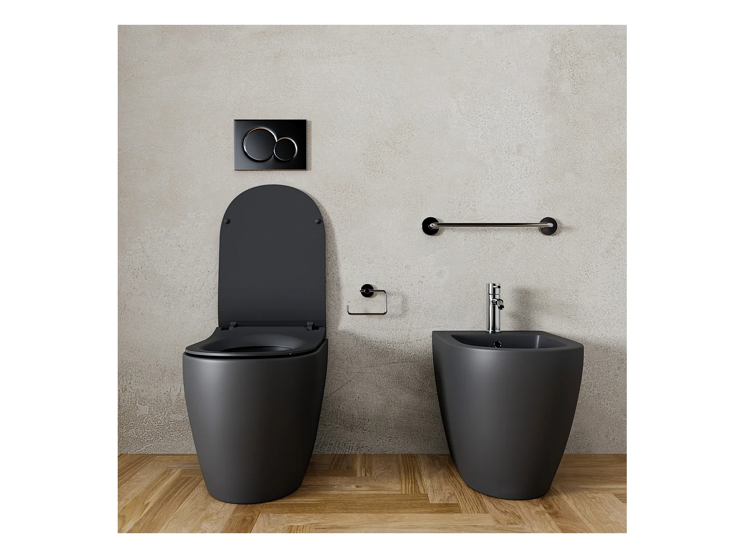 Coppia Sanitari Filomuro Filo Muro Filo Parete Vaso WC E Bidet Design Moderno In Ceramica Con Copriwater Chiusura Soft Close Chiusura Rallentata Colore Nero Opaco