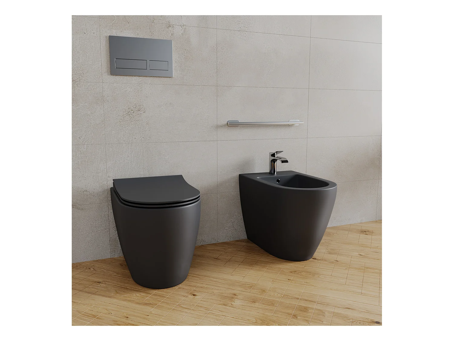 Coppia Sanitari Filomuro Filo Muro Filo Parete Vaso WC E Bidet Design Moderno In Ceramica Con Copriwater Chiusura Soft Close Chiusura Rallentata Colore Nero Opaco