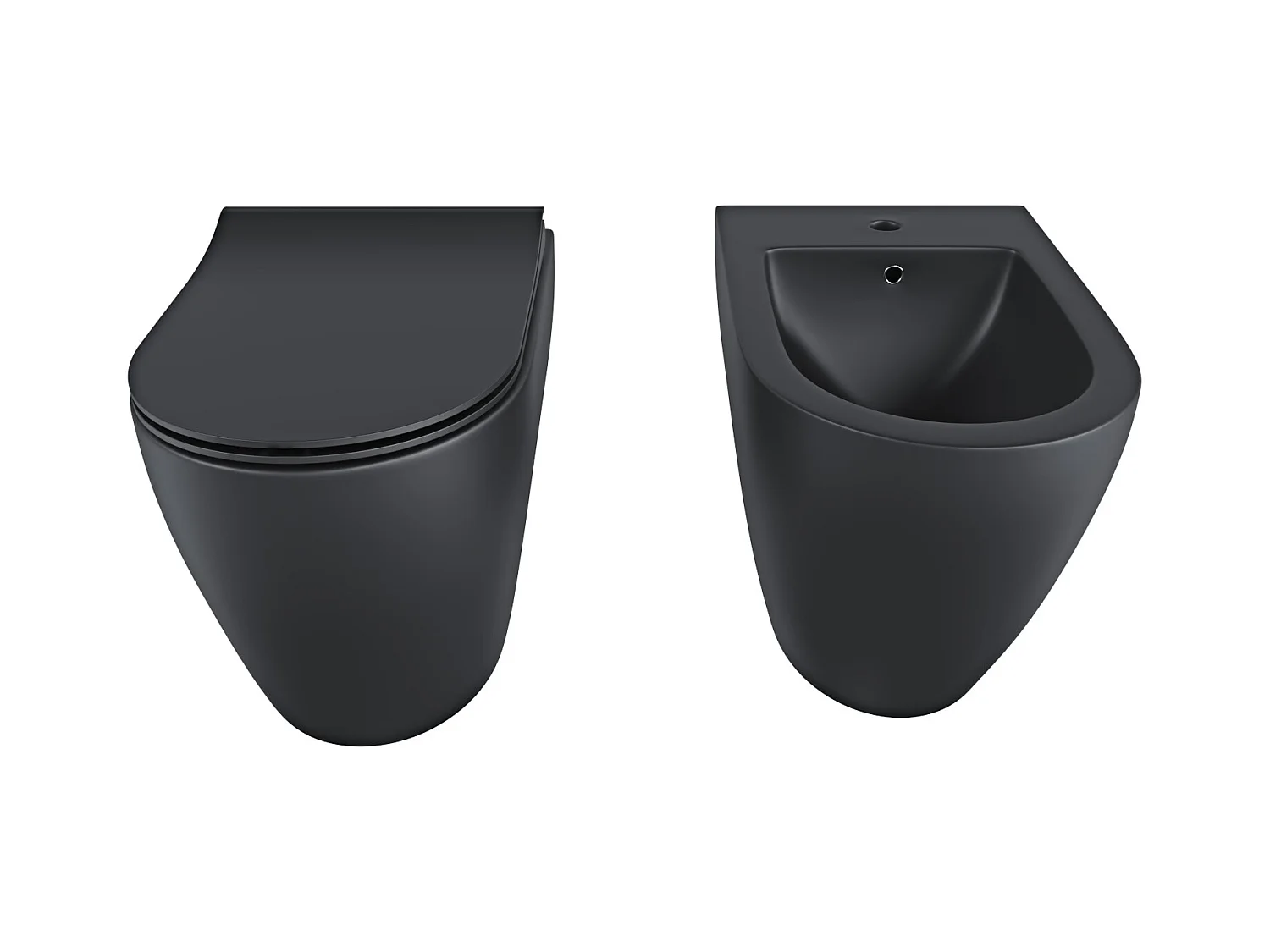 Coppia Sanitari Filomuro Filo Muro Filo Parete Vaso WC E Bidet Design Moderno In Ceramica Con Copriwater Chiusura Soft Close Chiusura Rallentata Colore Nero Opaco