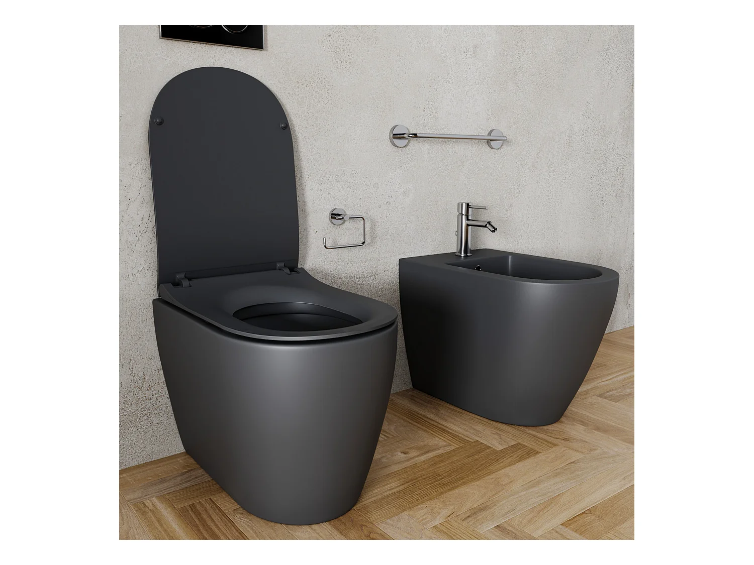 Coppia Sanitari Filomuro Filo Muro Filo Parete Vaso WC E Bidet Design Moderno In Ceramica Con Copriwater Chiusura Soft Close Chiusura Rallentata Colore Nero Opaco