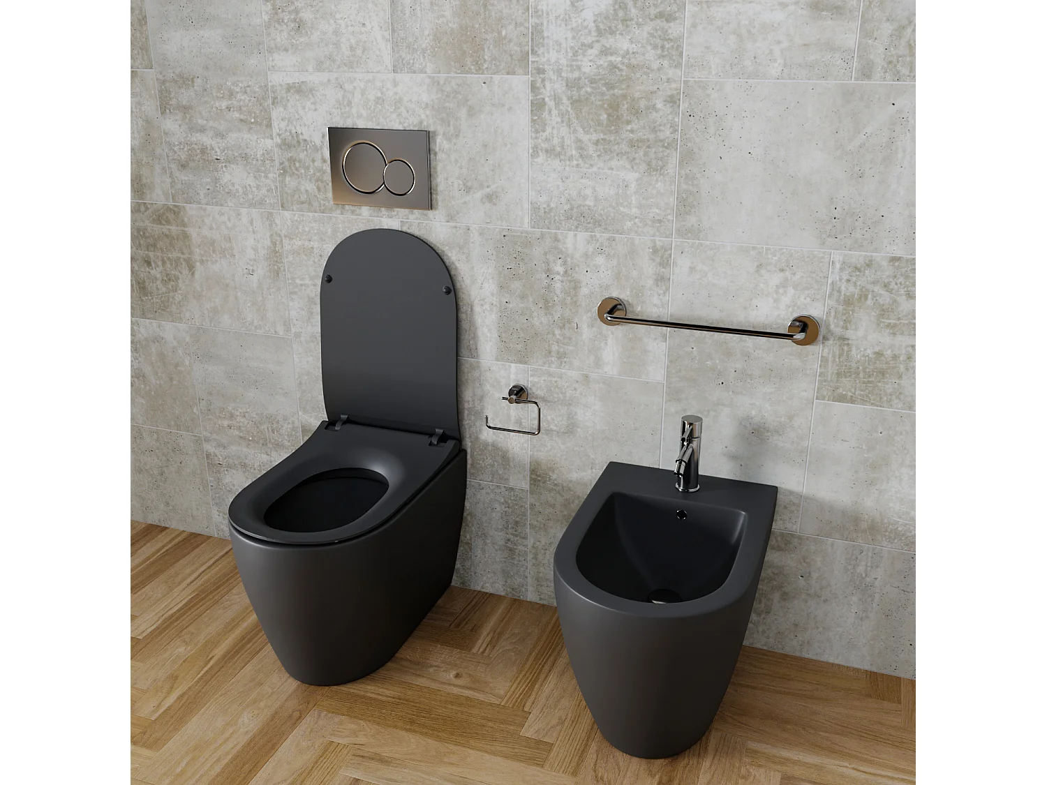 Coppia Sanitari Filomuro Filo Muro Filo Parete Vaso WC E Bidet Design Moderno In Ceramica Con Copriwater Chiusura Soft Close Chiusura Rallentata Colore Nero Opaco