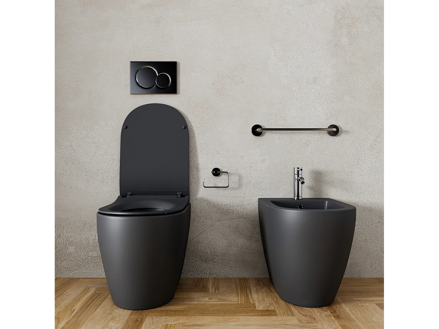 Coppia Sanitari Filomuro Filo Muro Filo Parete Vaso WC E Bidet Design Moderno In Ceramica Con Copriwater Chiusura Soft Close Chiusura Rallentata Colore Nero Opaco