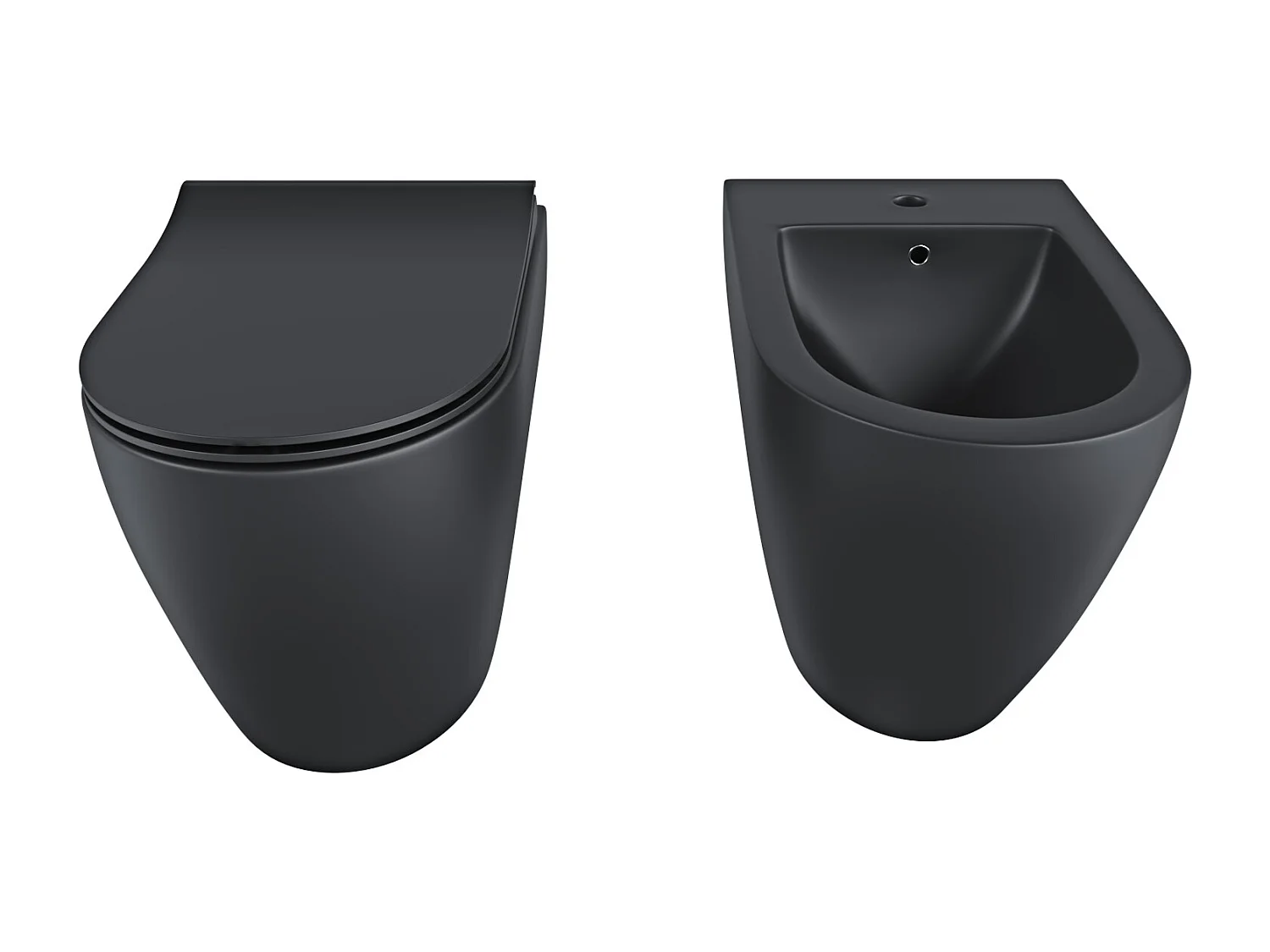 Coppia Sanitari Filomuro Filo Muro Filo Parete Vaso WC E Bidet Design Moderno In Ceramica Con Copriwater Chiusura Soft Close Chiusura Rallentata Colore Nero Opaco