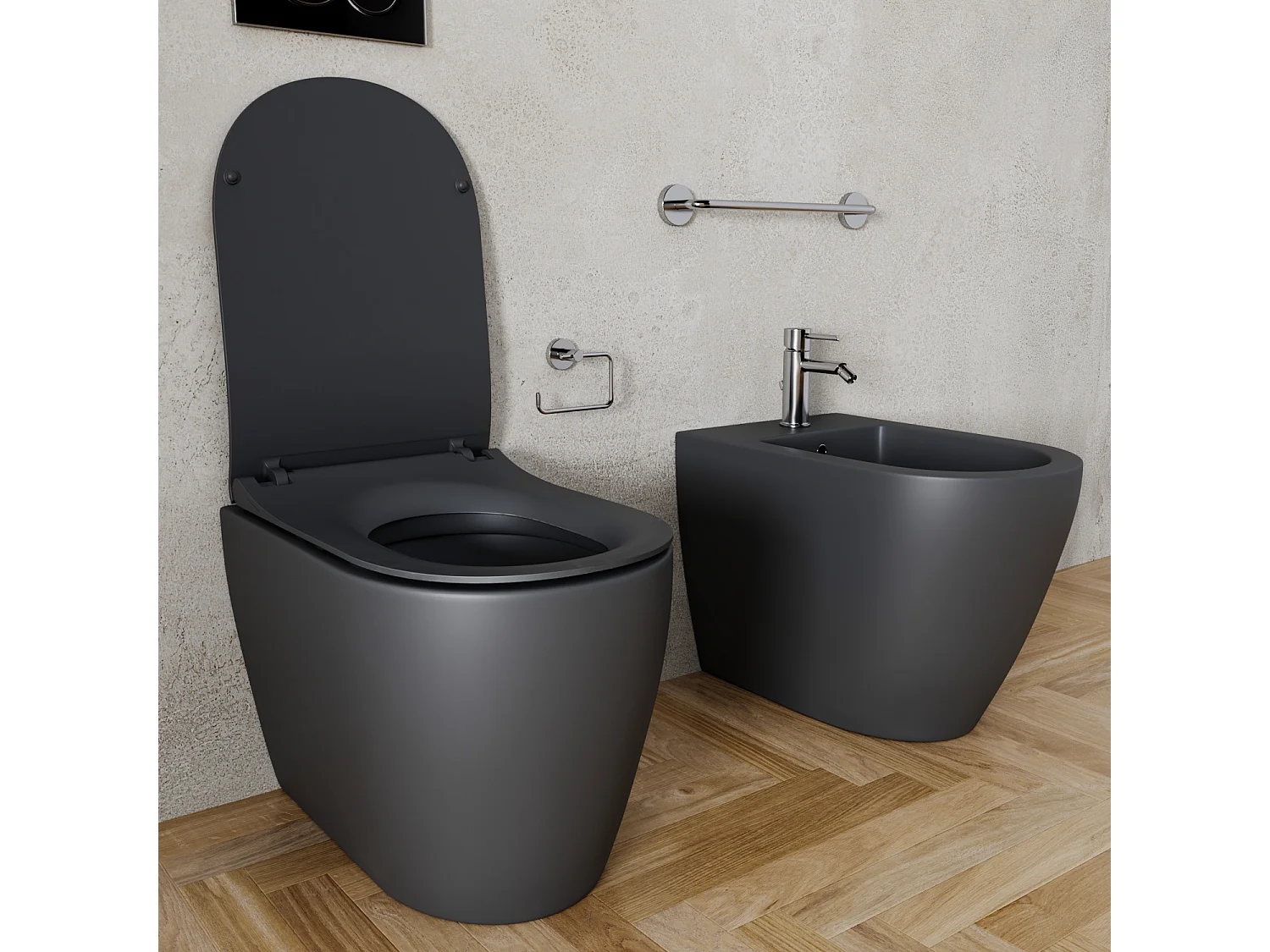 Coppia Sanitari Filomuro Filo Muro Filo Parete Vaso WC E Bidet Design Moderno In Ceramica Con Copriwater Chiusura Soft Close Chiusura Rallentata Colore Nero Opaco