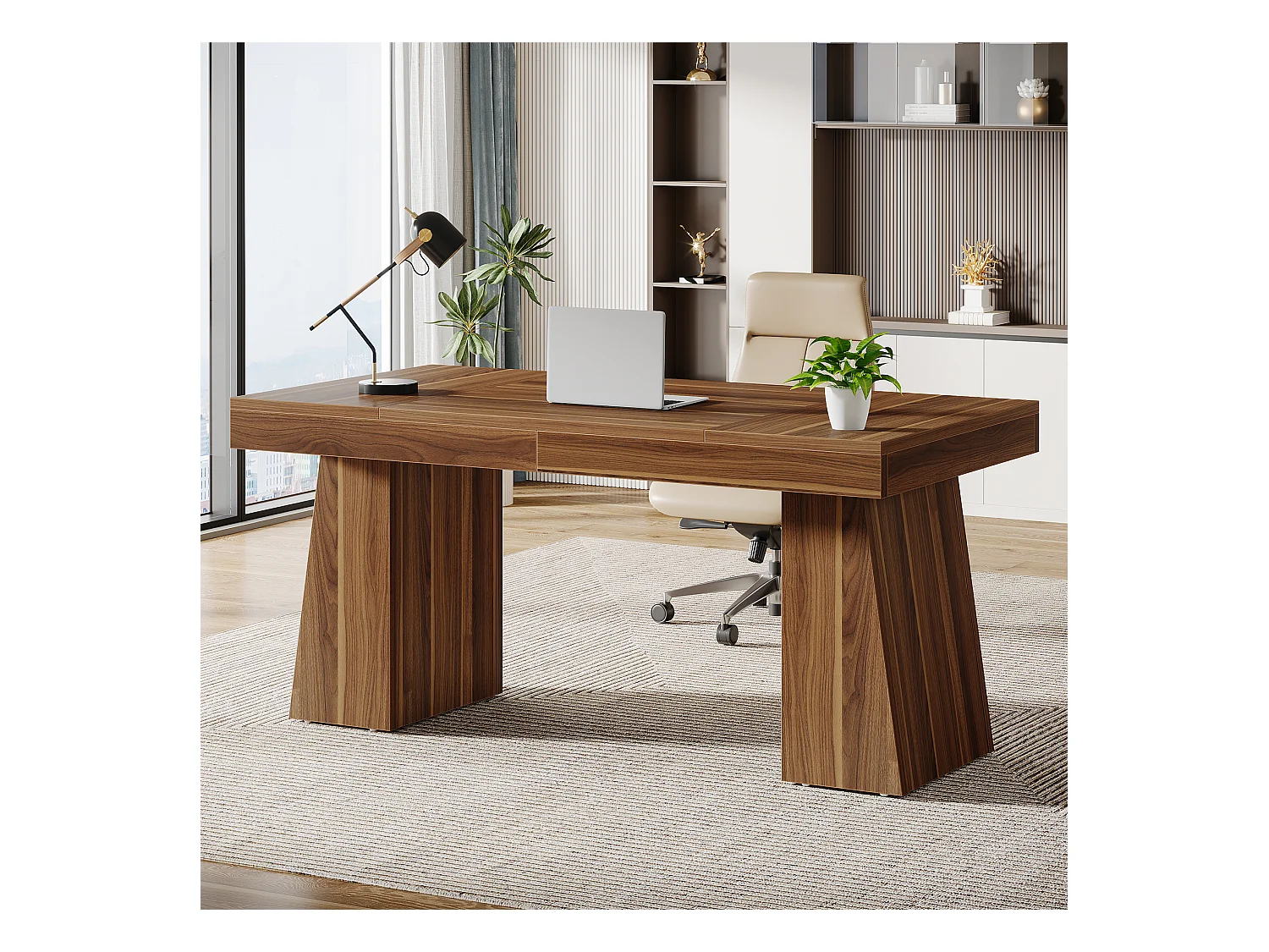 Biurko biurowe 140 cm, styl Mid-Century Modern, z podwójną podstawą trapezową