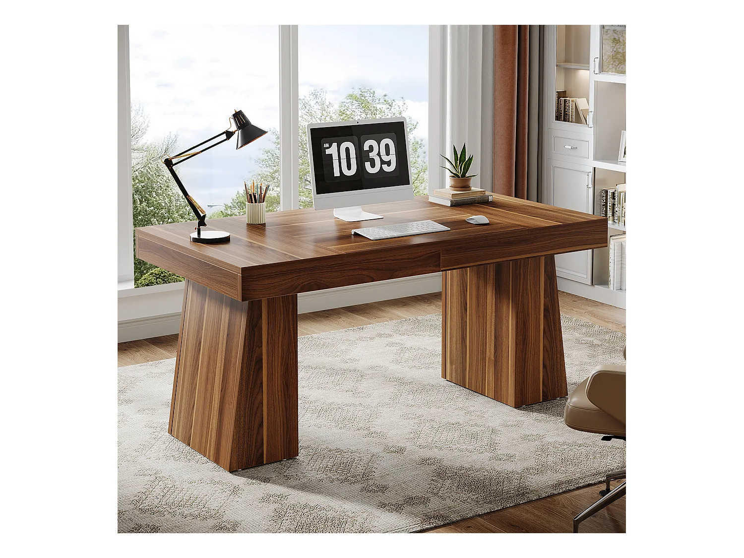 Biurko biurowe 140 cm, styl Mid-Century Modern, z podwójną podstawą trapezową