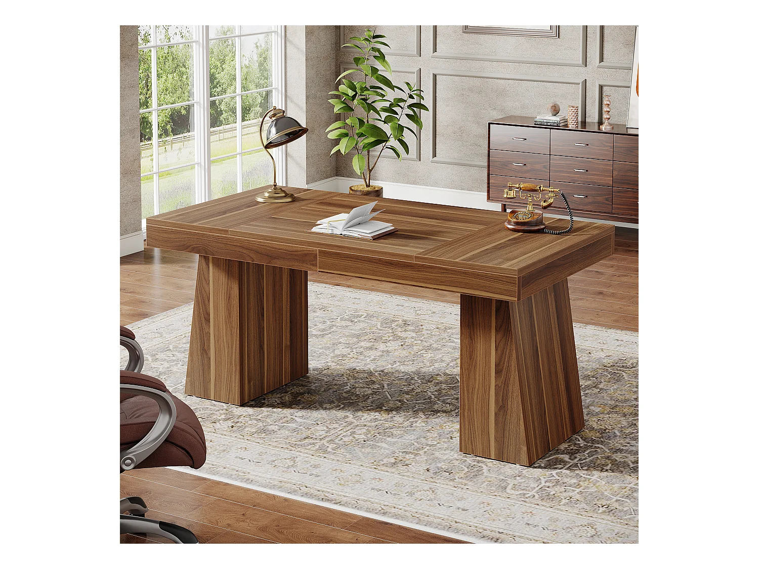 Biurko biurowe 140 cm, styl Mid-Century Modern, z podwójną podstawą trapezową