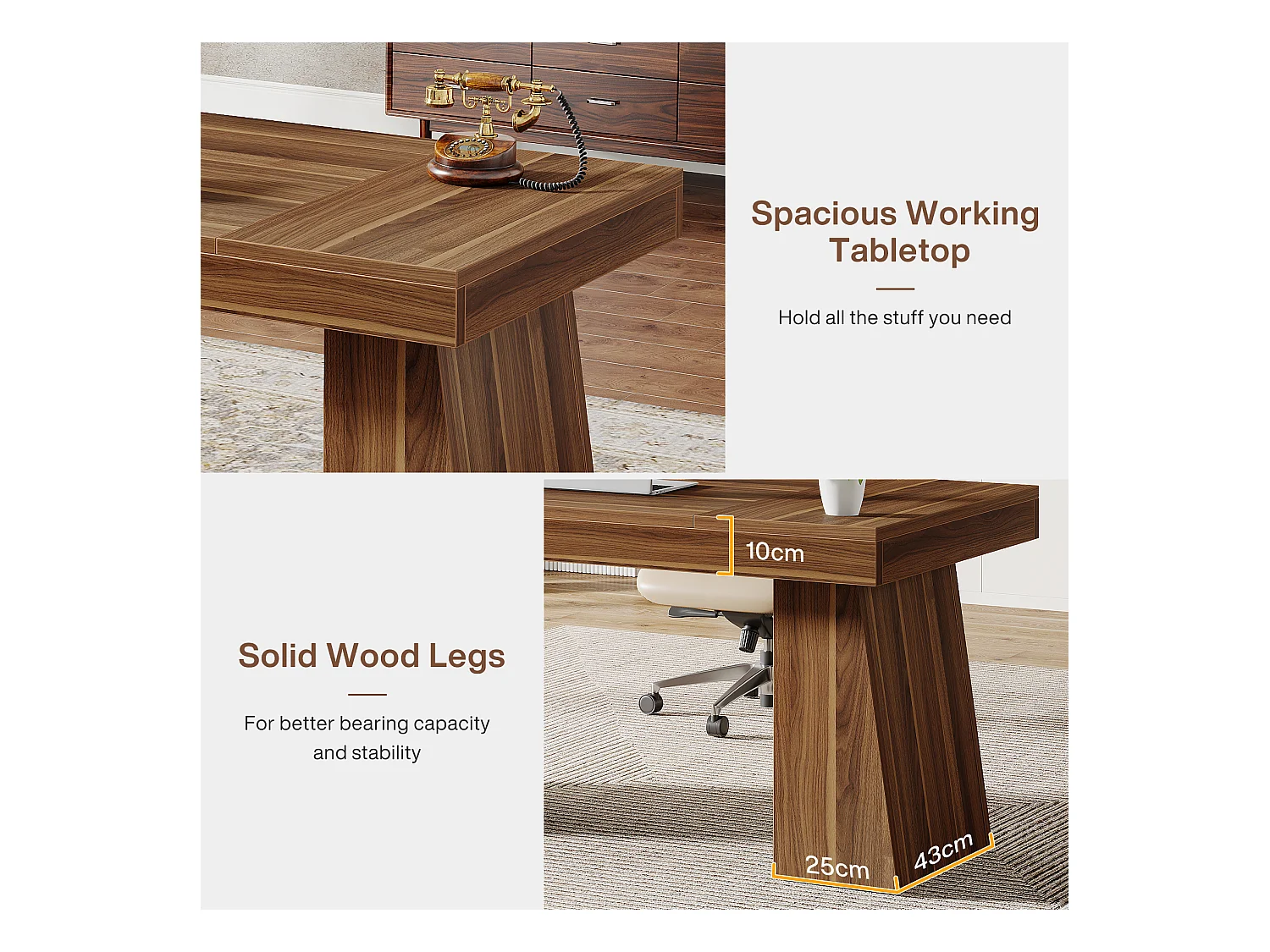 Biurko biurowe 140 cm, styl Mid-Century Modern, z podwójną podstawą trapezową