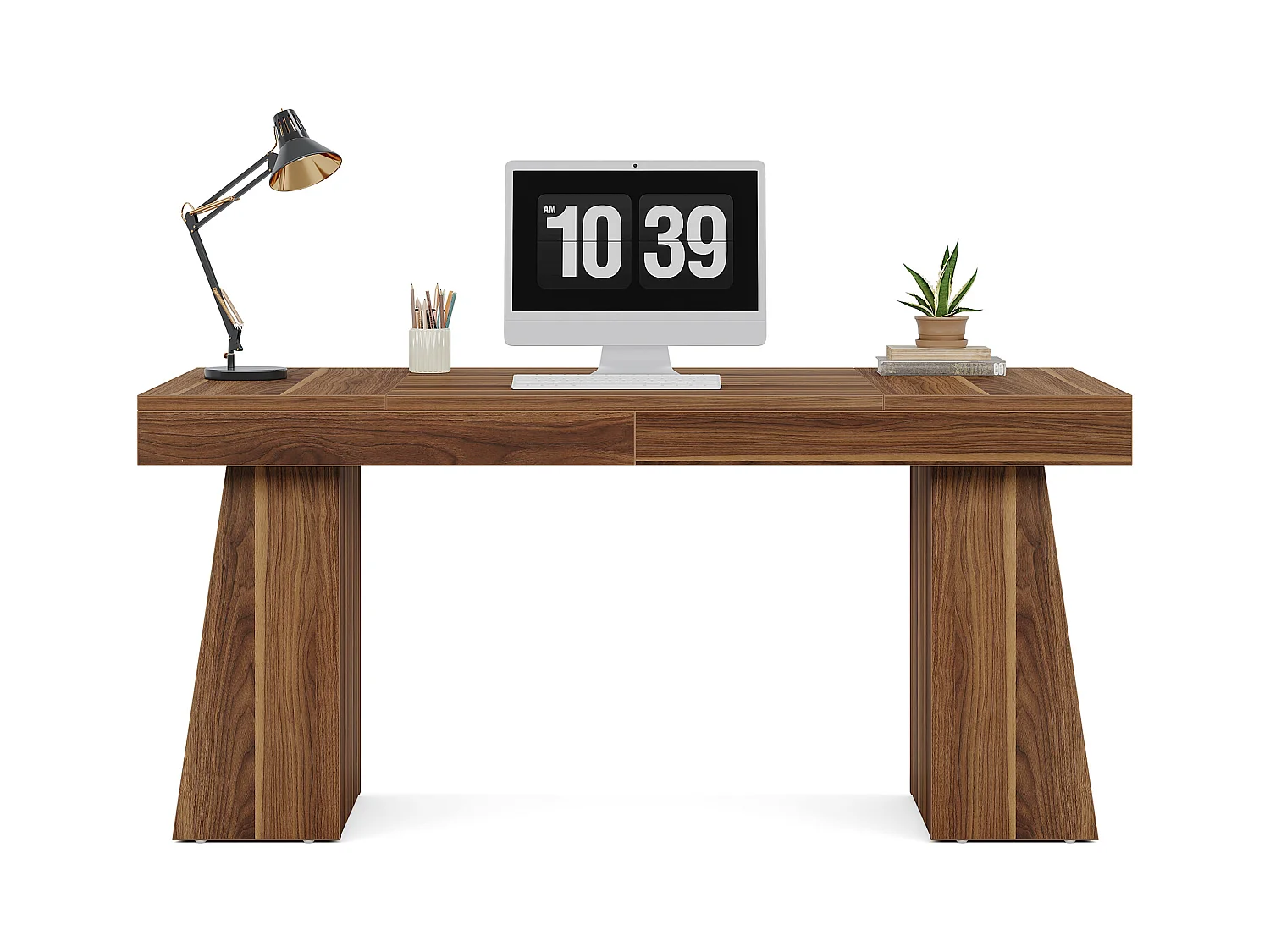 Bureau de direction de 140 cm, bureau moderne du milieu du siècle avec base trapézoïdale double