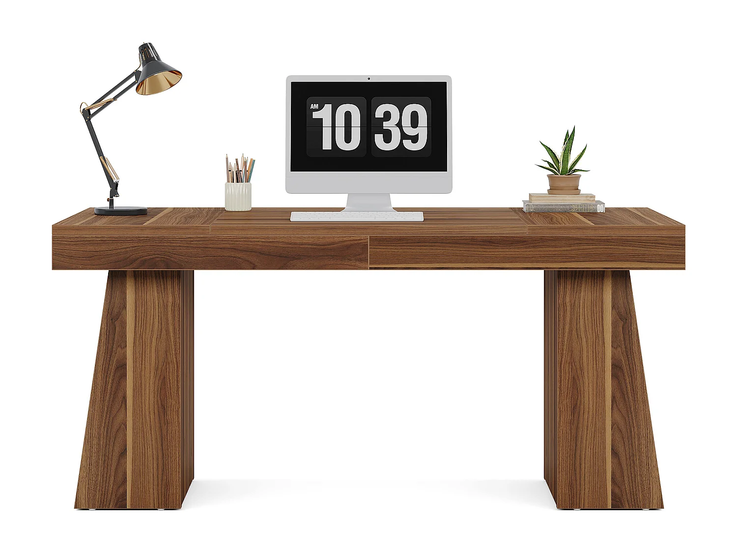 Bureau de direction de 140 cm, bureau moderne du milieu du siècle avec base trapézoïdale double