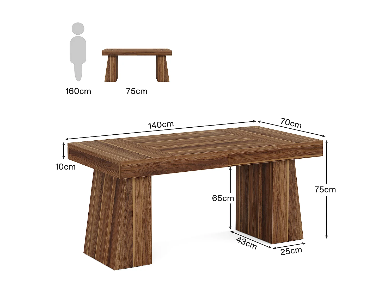 Bureau de direction de 140 cm, bureau moderne du milieu du siècle avec base trapézoïdale double