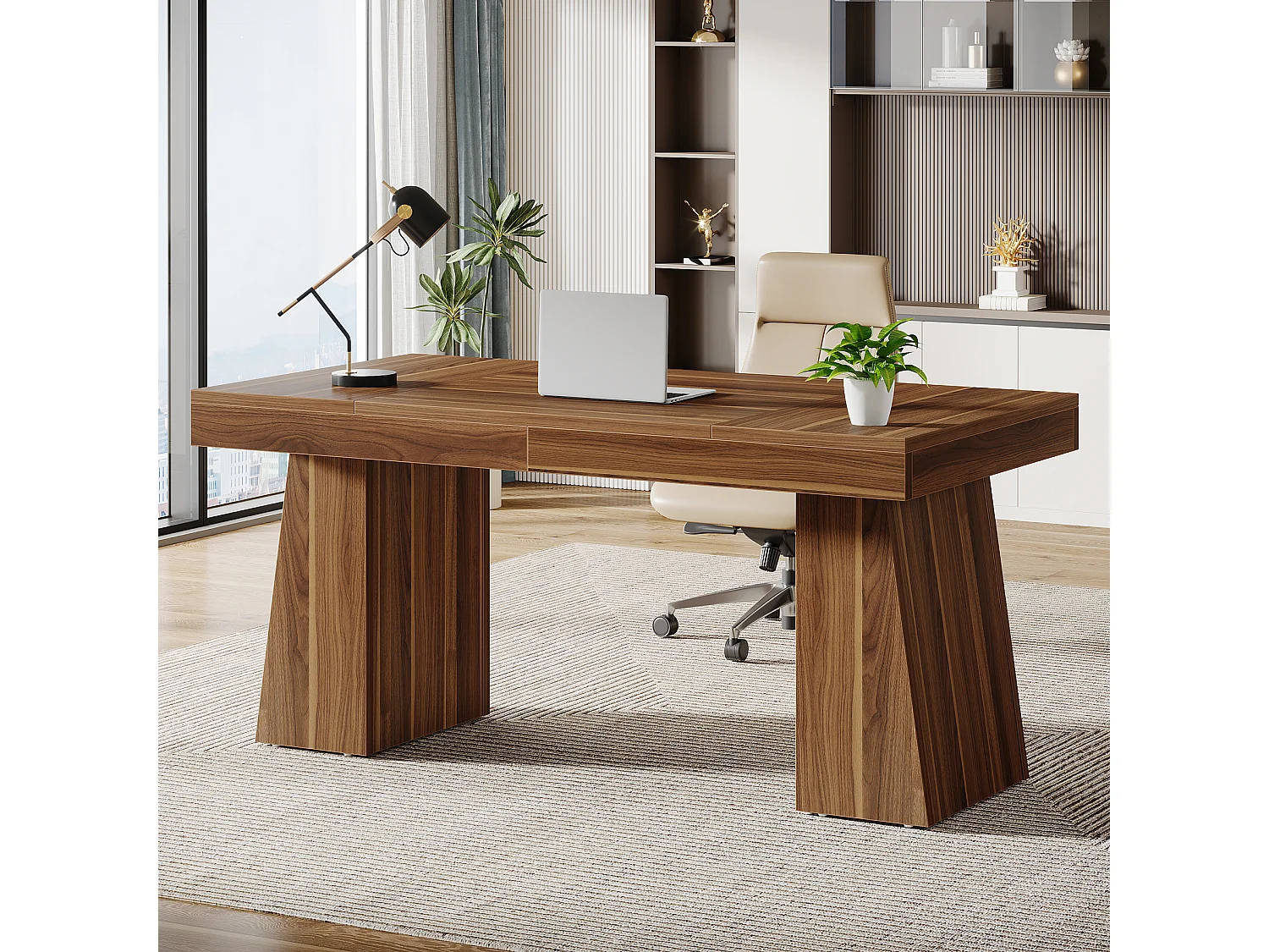 Bureau de direction de 140 cm, bureau moderne du milieu du siècle avec base trapézoïdale double