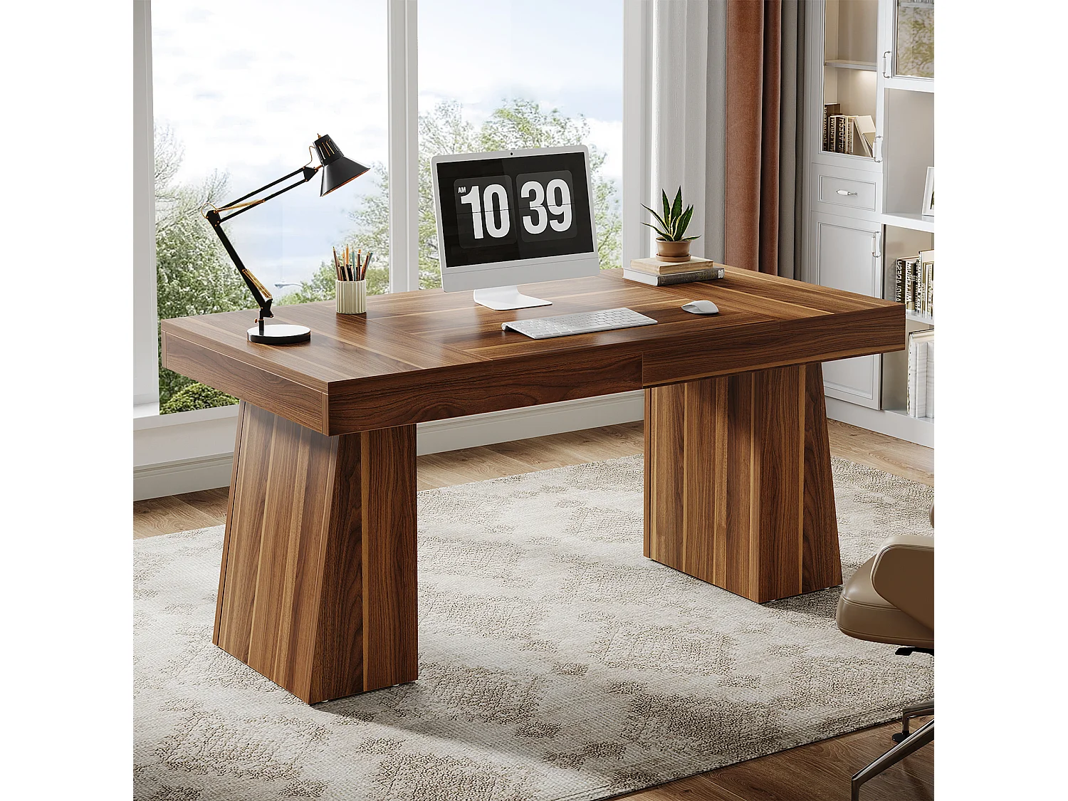 Bureau de direction de 140 cm, bureau moderne du milieu du siècle avec base trapézoïdale double