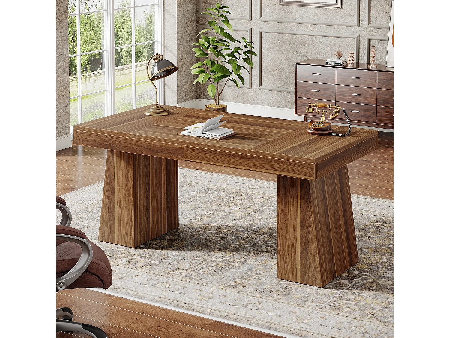 Bureau de direction de 140 cm, bureau moderne du milieu du siècle avec base trapézoïdale double