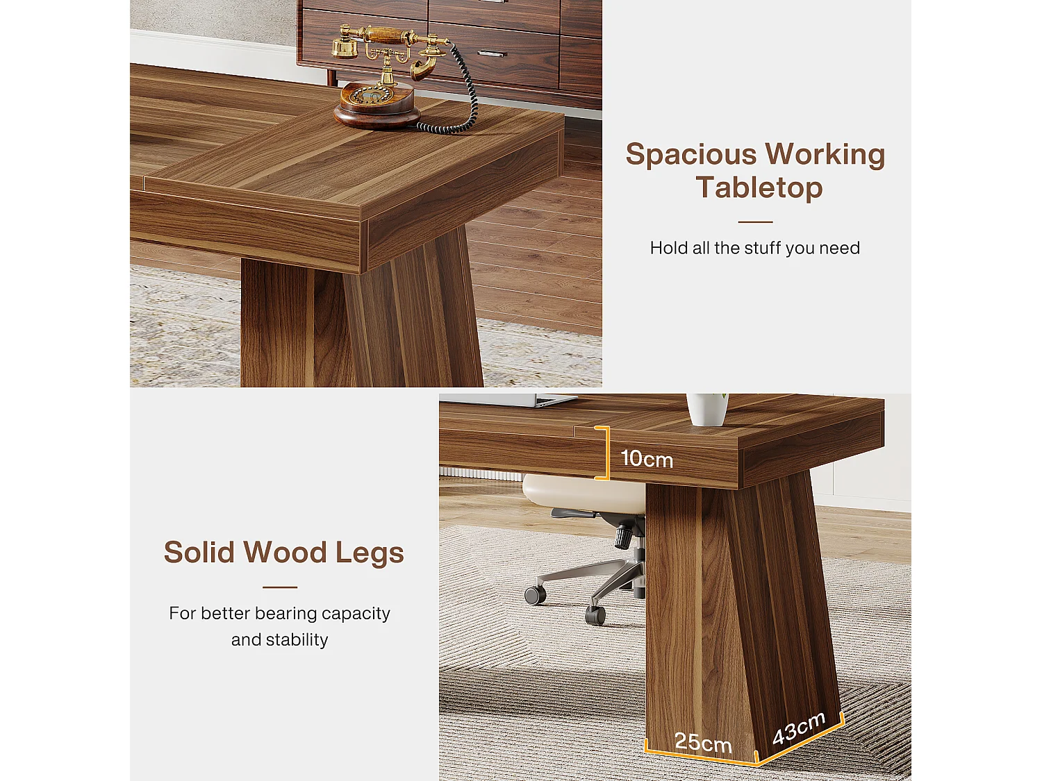 Bureau de direction de 140 cm, bureau moderne du milieu du siècle avec base trapézoïdale double