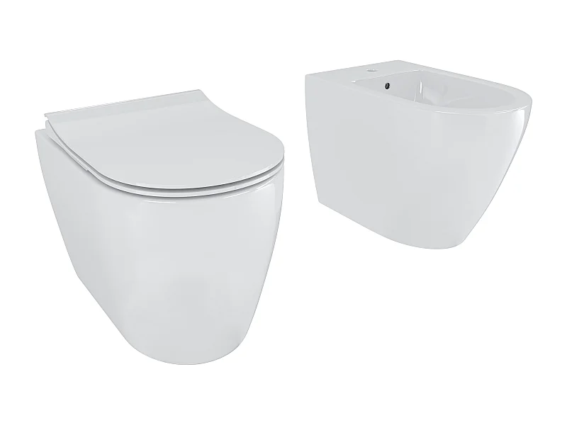 Coppia Sanitari Filomuro Filo Muro Filo Parete Vaso WC E Bidet Design Moderno In Ceramica Copriwater Chiusura Soft Close Rallentata Bianco Lucido