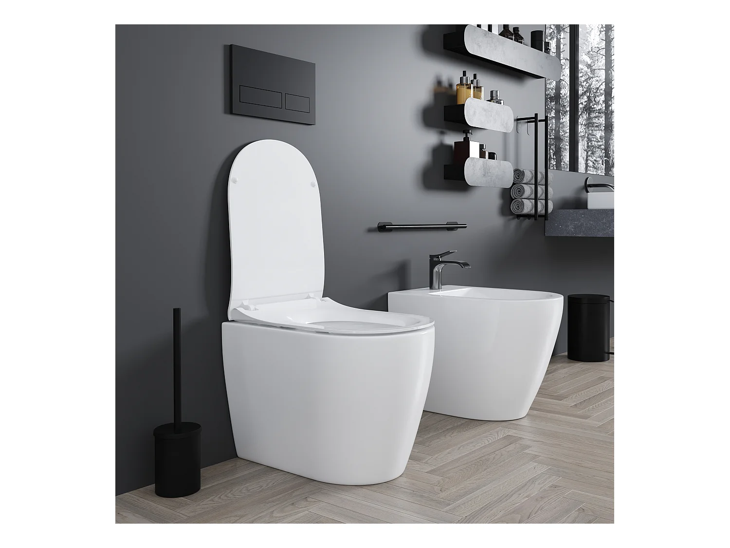 Coppia Sanitari Filomuro Filo Muro Filo Parete Vaso WC E Bidet Design Moderno In Ceramica Con Copriwater Chiusura Soft Close Chiusura Rallentata Bianco Lucido