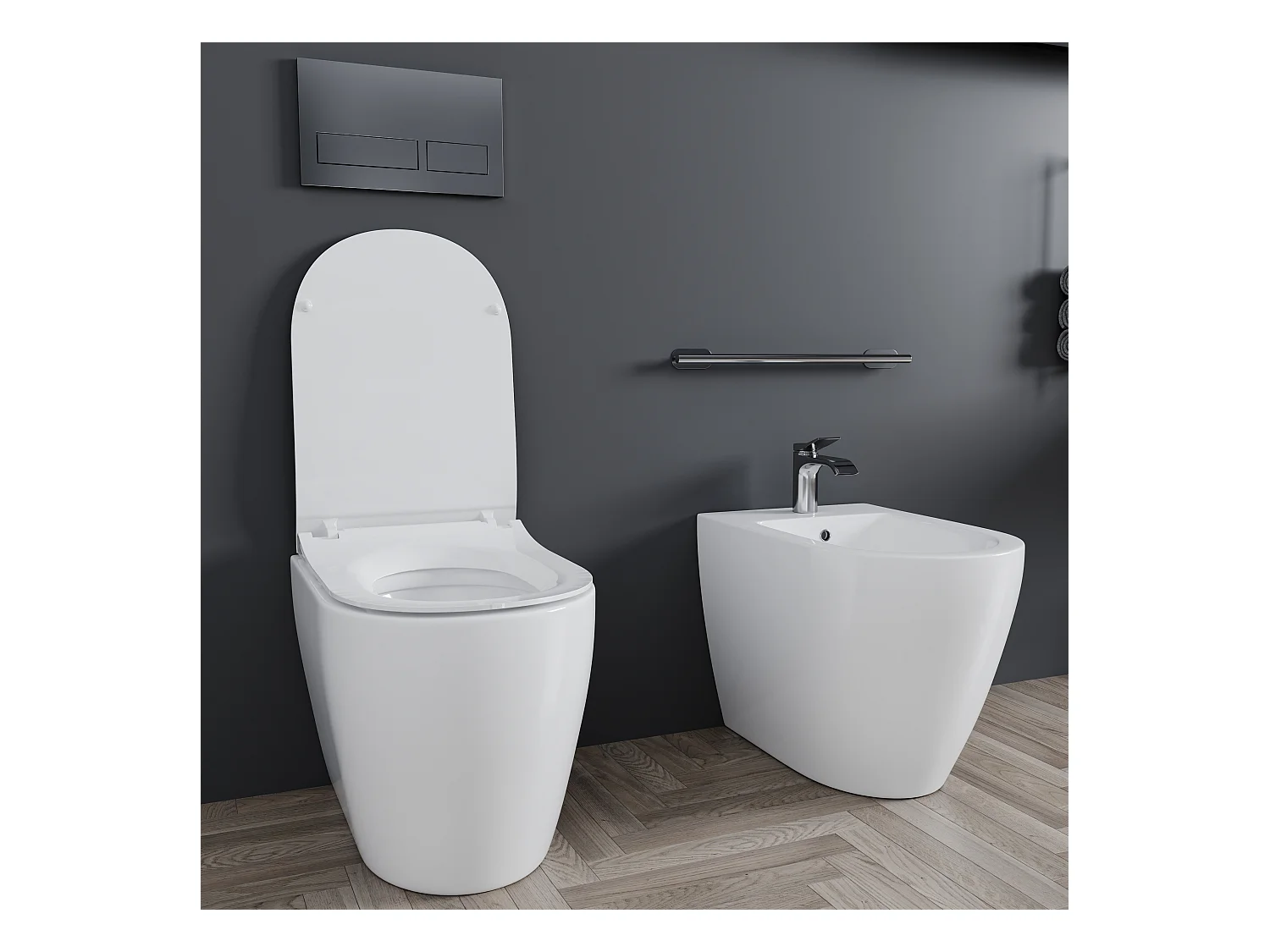 Coppia Sanitari Filomuro Filo Muro Filo Parete Vaso WC E Bidet Design Moderno In Ceramica Con Copriwater Chiusura Soft Close Chiusura Rallentata Bianco Lucido