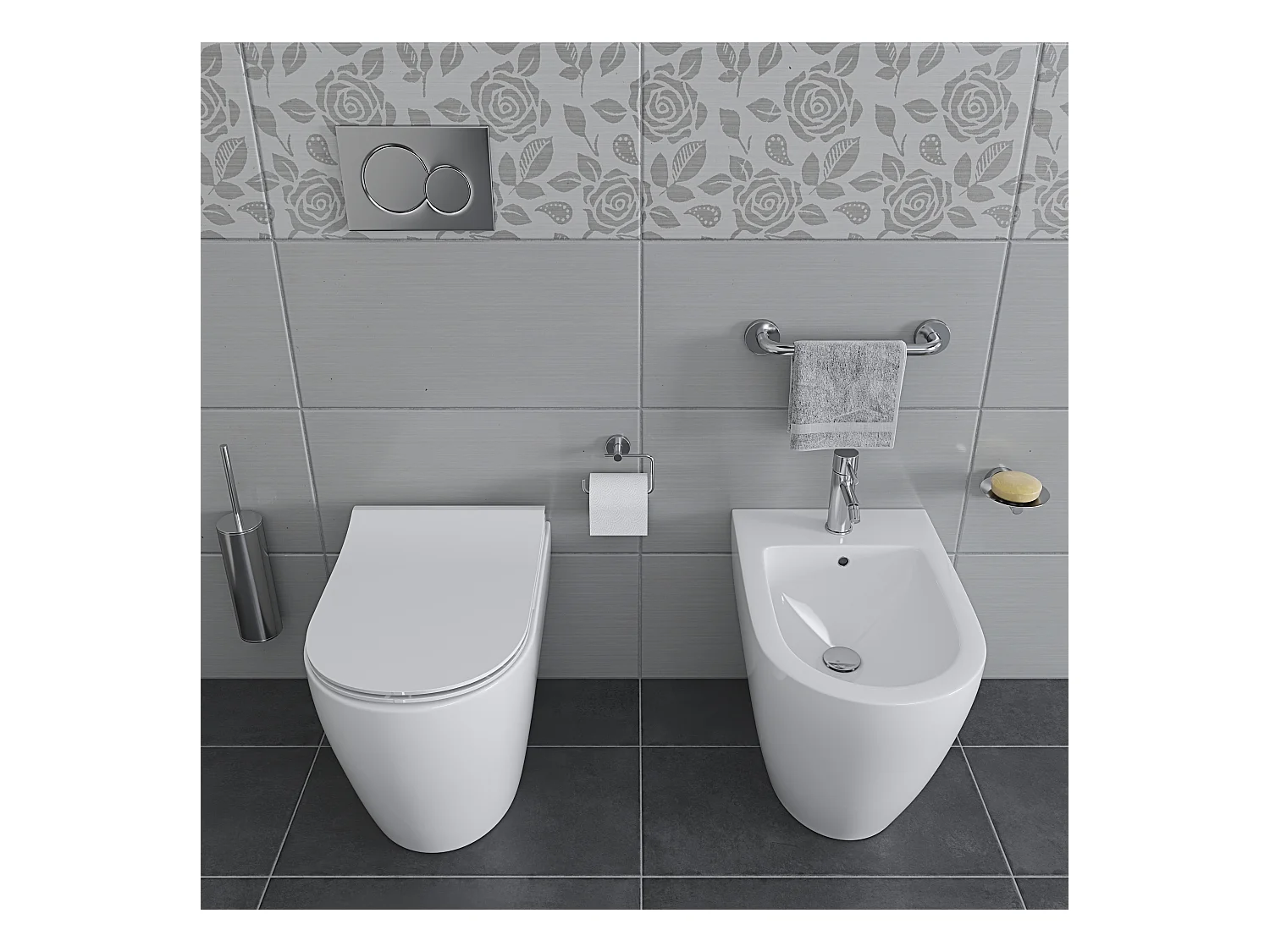 Coppia Sanitari Filomuro Filo Muro Filo Parete Vaso WC E Bidet Design Moderno In Ceramica Con Copriwater Chiusura Soft Close Chiusura Rallentata Bianco Lucido