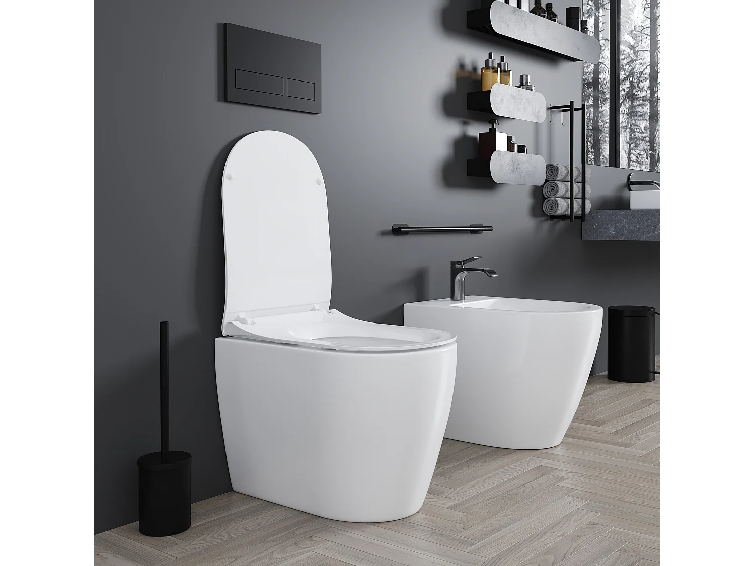 Coppia Sanitari Filomuro Filo Muro Filo Parete Vaso WC E Bidet Design Moderno In Ceramica Con Copriwater Chiusura Soft Close Chiusura Rallentata Bianco Lucido