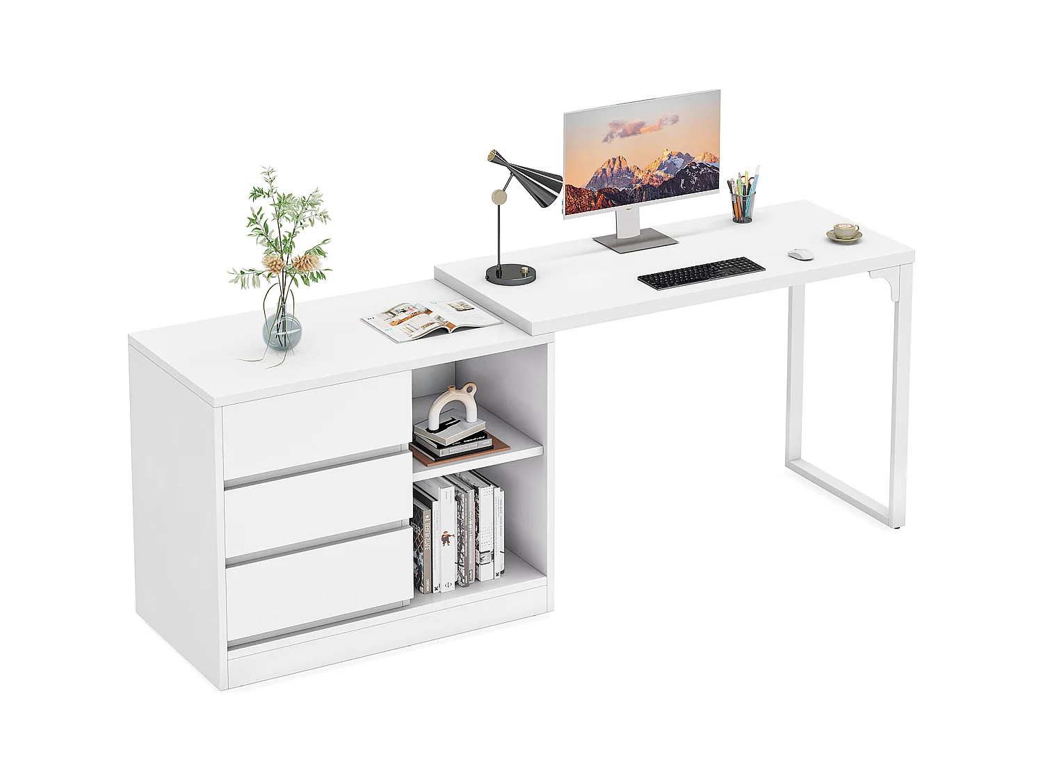 Bureau d'ordinateur en L avec tiroirs et étagères, bureau d'angle blanc réversible