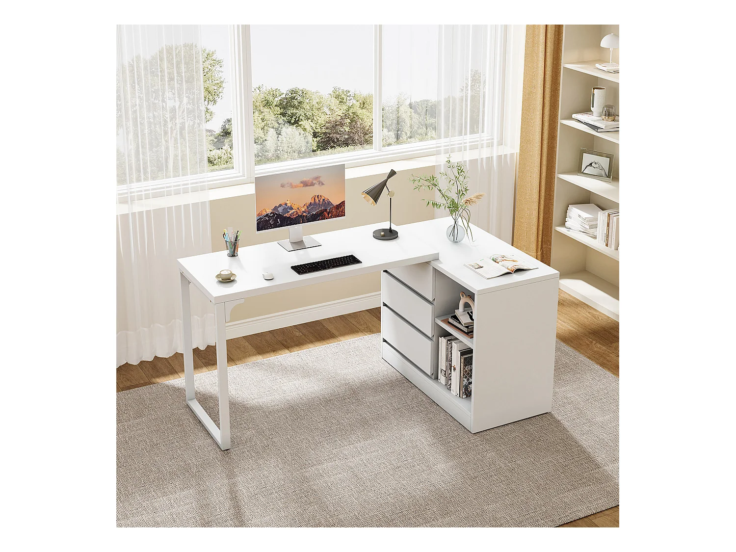 Bureau d'ordinateur en L avec tiroirs et étagères, bureau d'angle blanc réversible