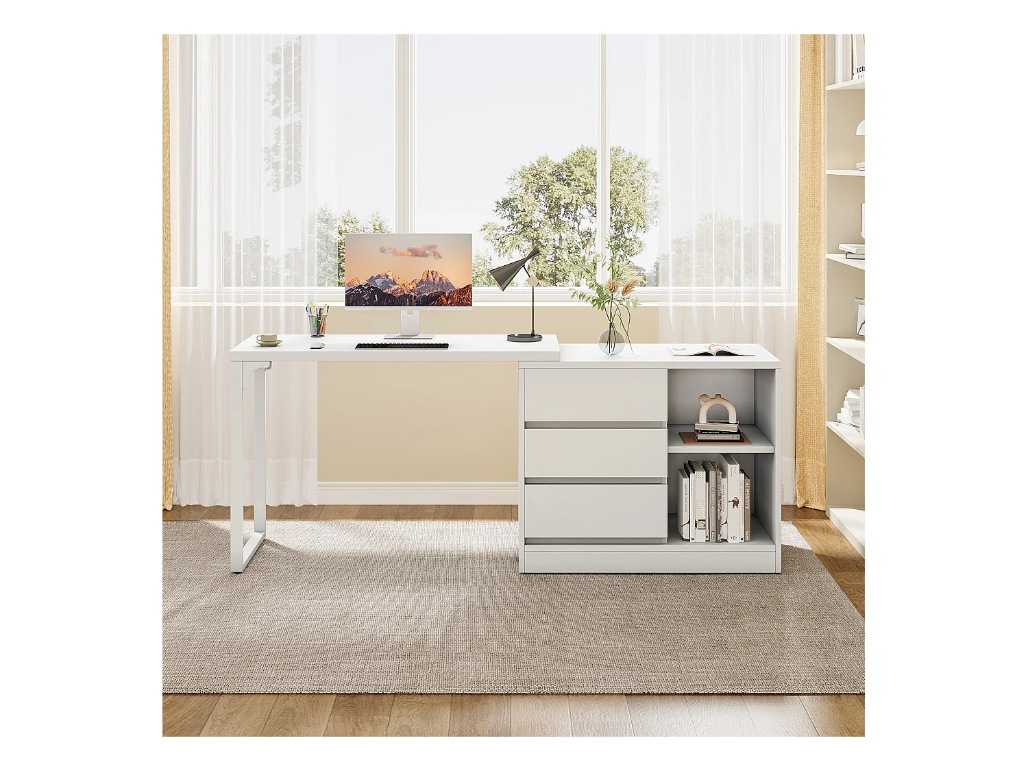 Bureau d'ordinateur en L avec tiroirs et étagères, bureau d'angle blanc réversible