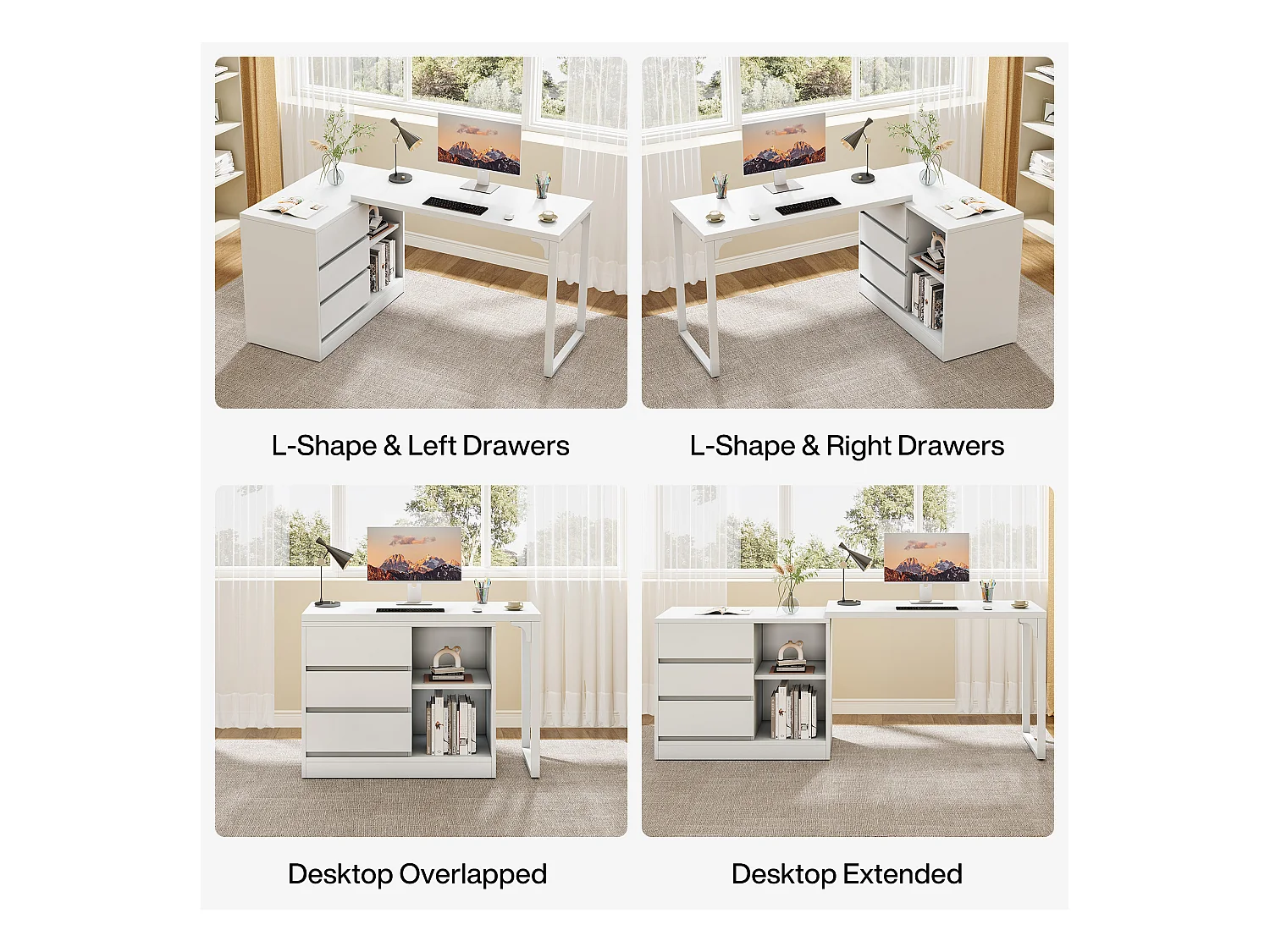 Bureau d'ordinateur en L avec tiroirs et étagères, bureau d'angle blanc réversible