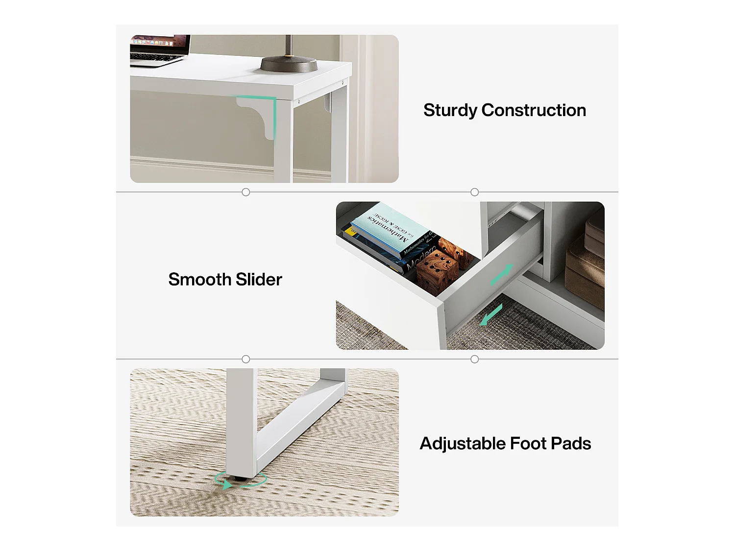 Bureau d'ordinateur en L avec tiroirs et étagères, bureau d'angle blanc réversible