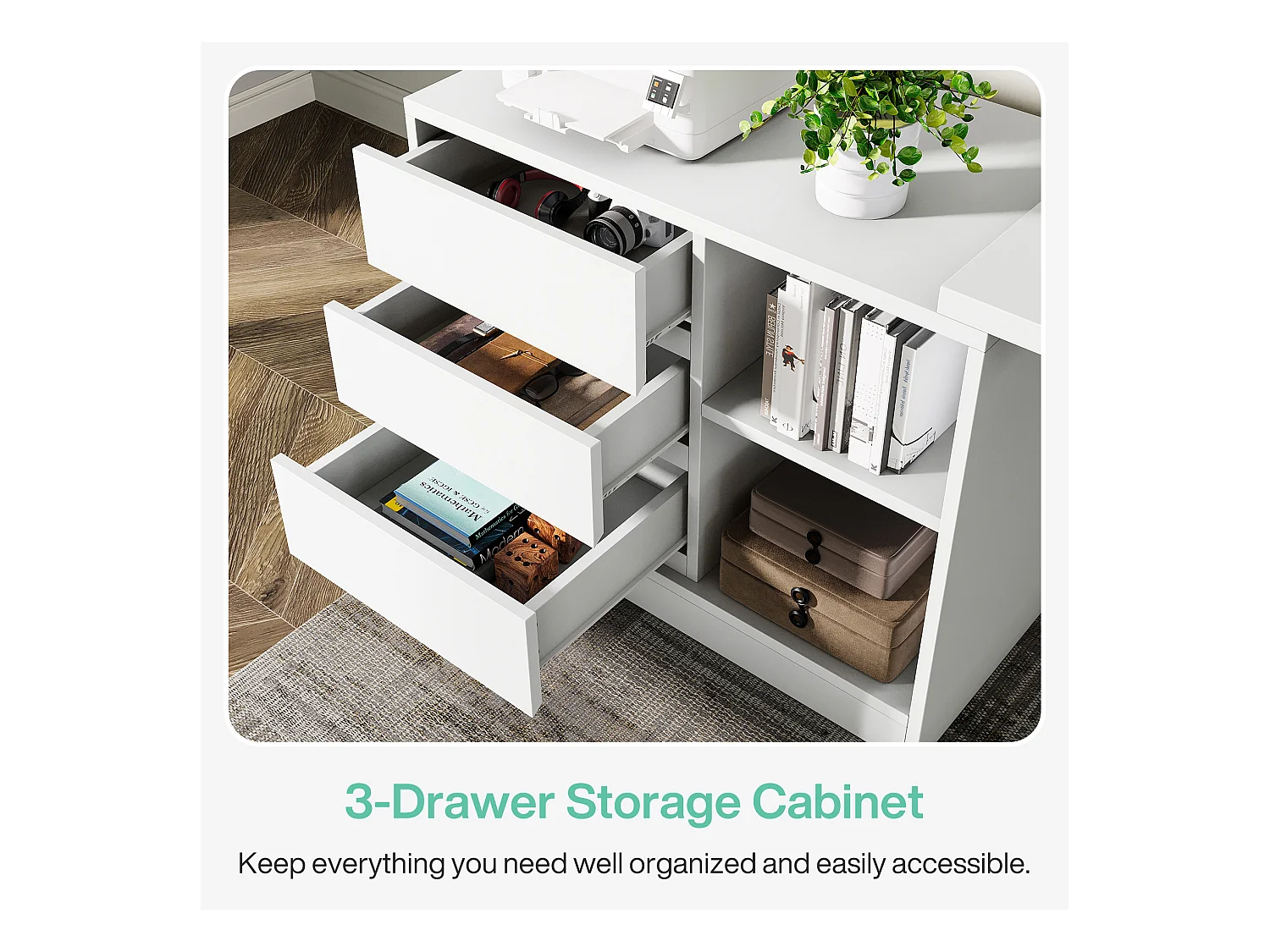 Bureau d'ordinateur en L avec tiroirs et étagères, bureau d'angle blanc réversible