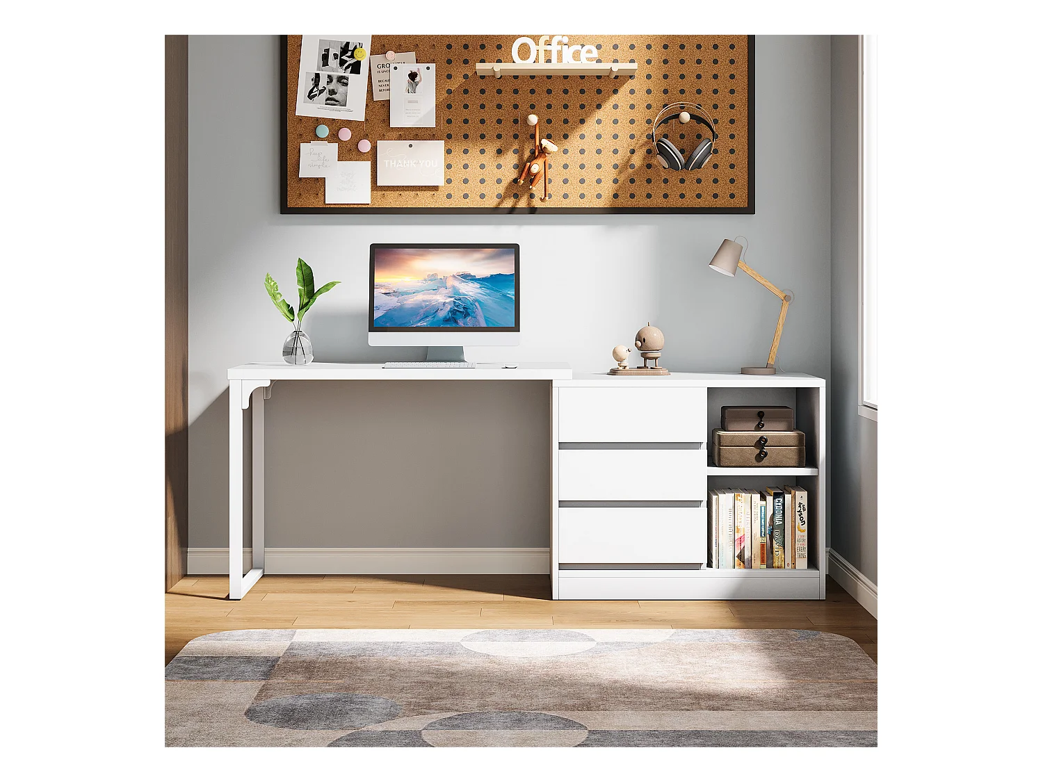 Bureau d'ordinateur en L avec tiroirs et étagères, bureau d'angle blanc réversible