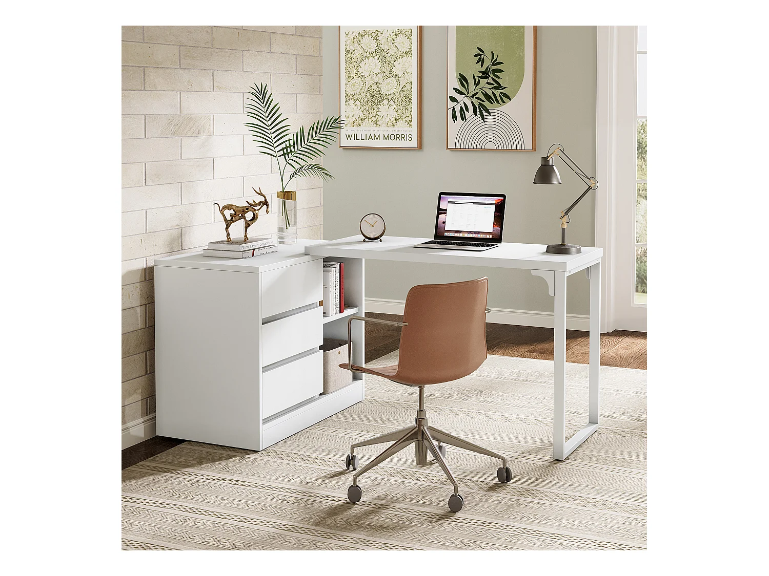 Bureau d'ordinateur en L avec tiroirs et étagères, bureau d'angle blanc réversible