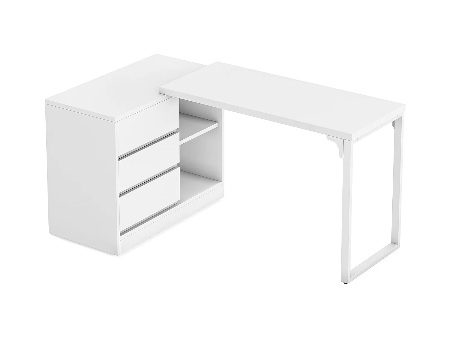 Bureau d'ordinateur en L avec tiroirs et étagères, bureau d'angle blanc réversible