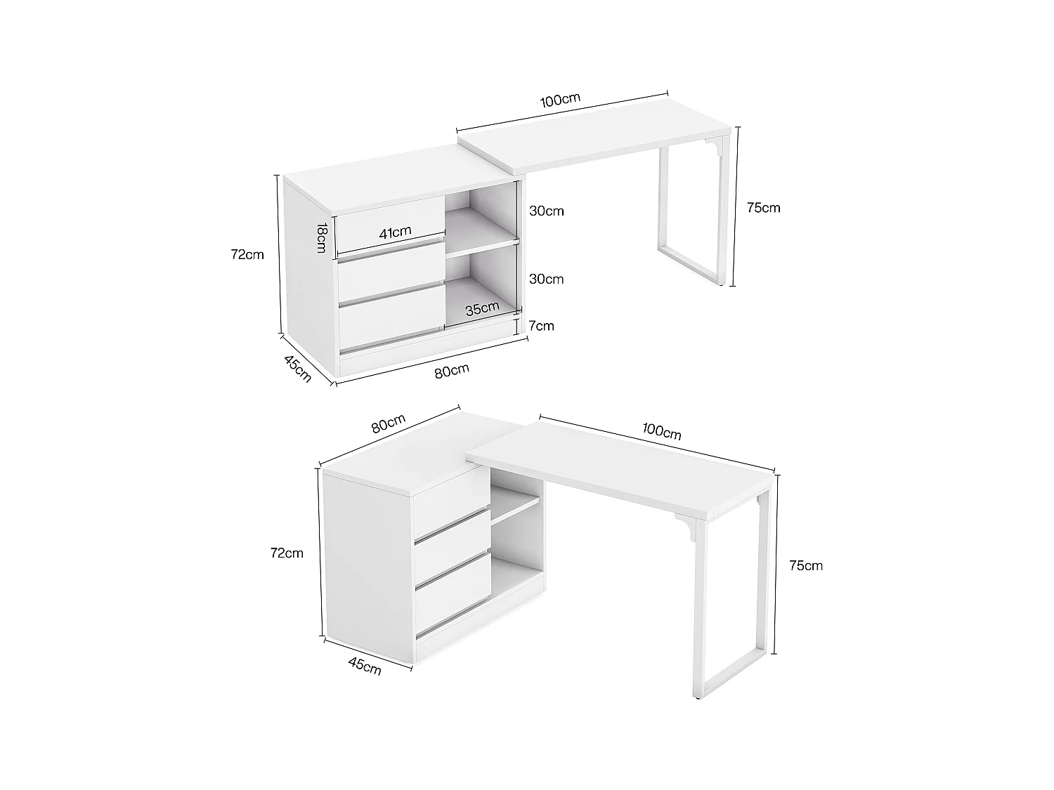 Bureau d'ordinateur en L avec tiroirs et étagères, bureau d'angle blanc réversible