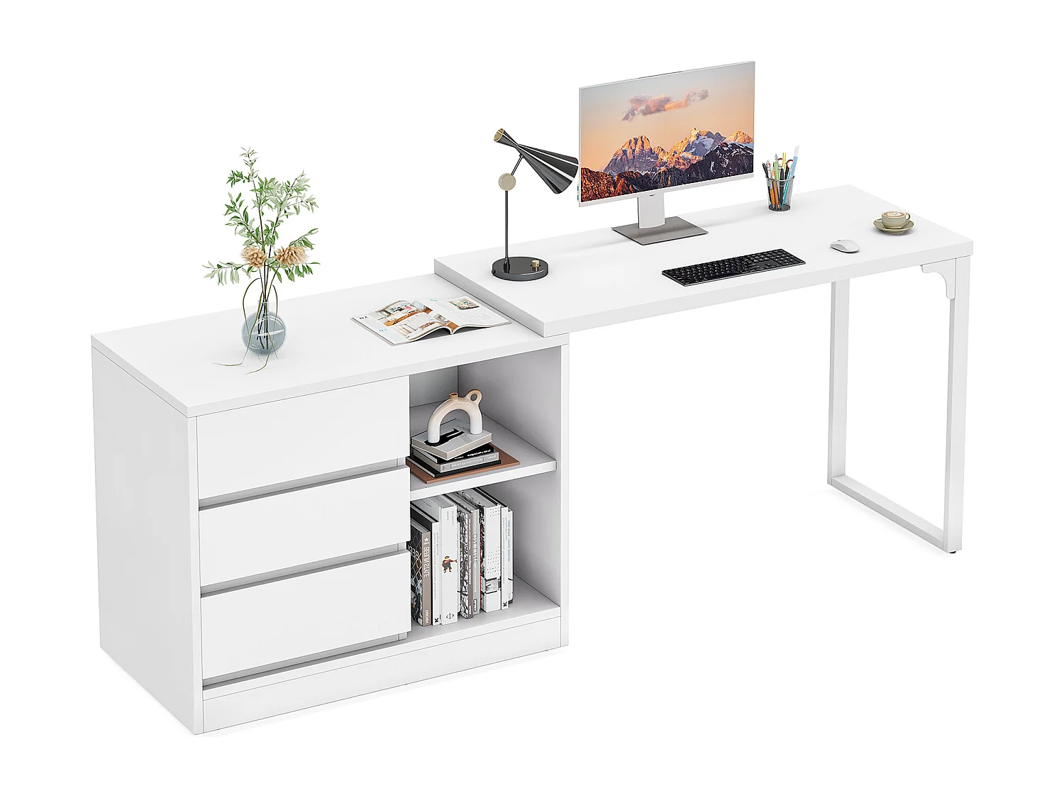Escrivaninha para computador em formato de L com gavetas e prateleiras, Escrivaninha de escritório de canto branca reversível