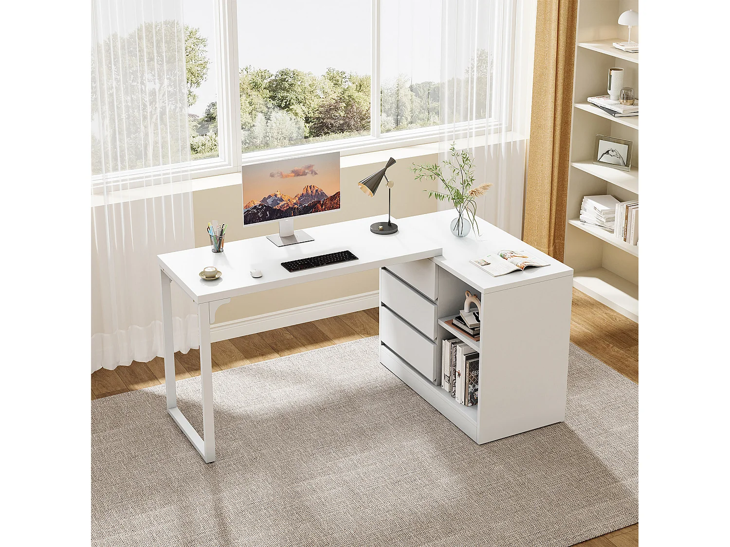 Bureau d'ordinateur en L avec tiroirs et étagères, bureau d'angle blanc réversible