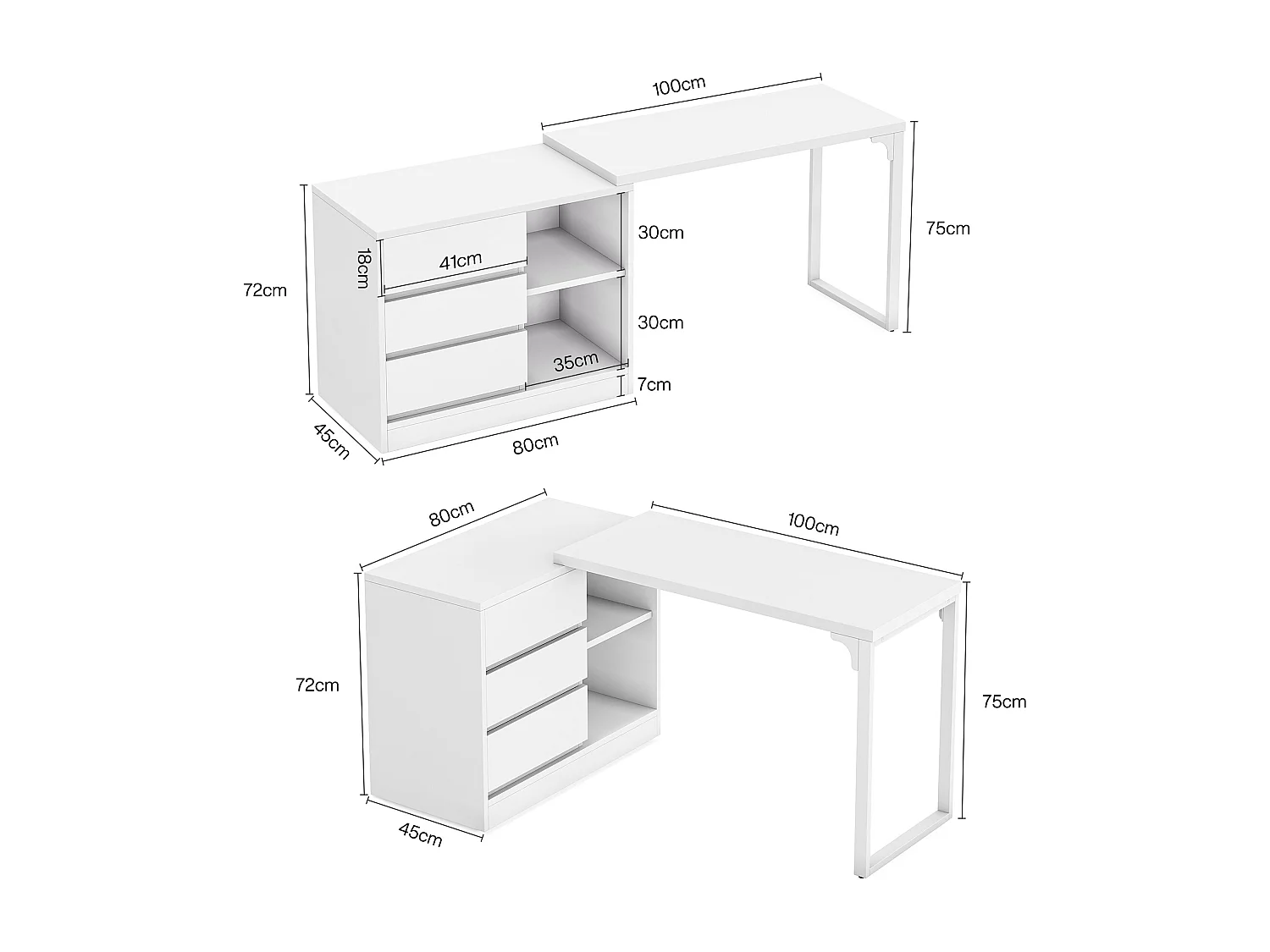 Bureau d'ordinateur en L avec tiroirs et étagères, bureau d'angle blanc réversible