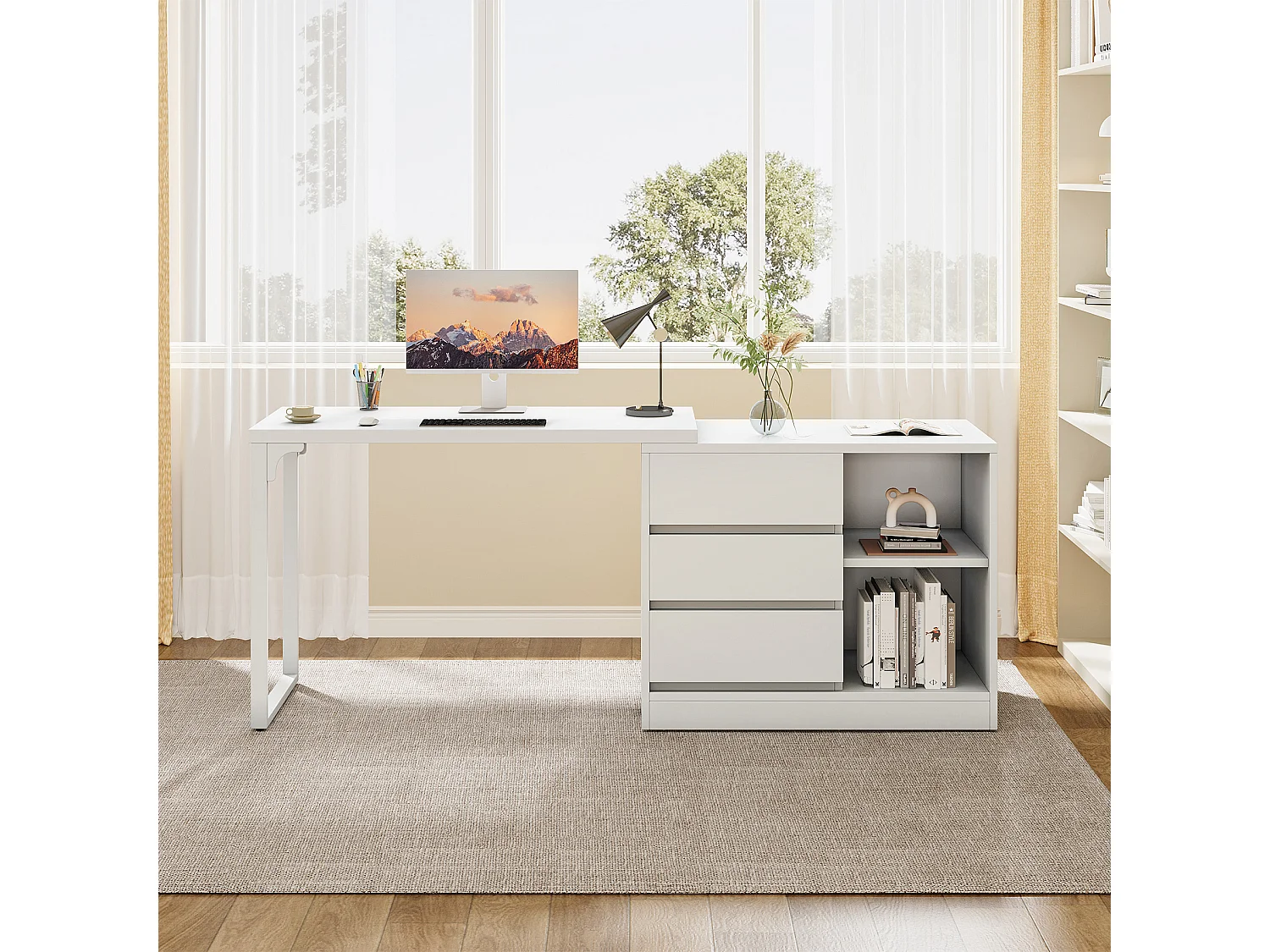 Bureau d'ordinateur en L avec tiroirs et étagères, bureau d'angle blanc réversible