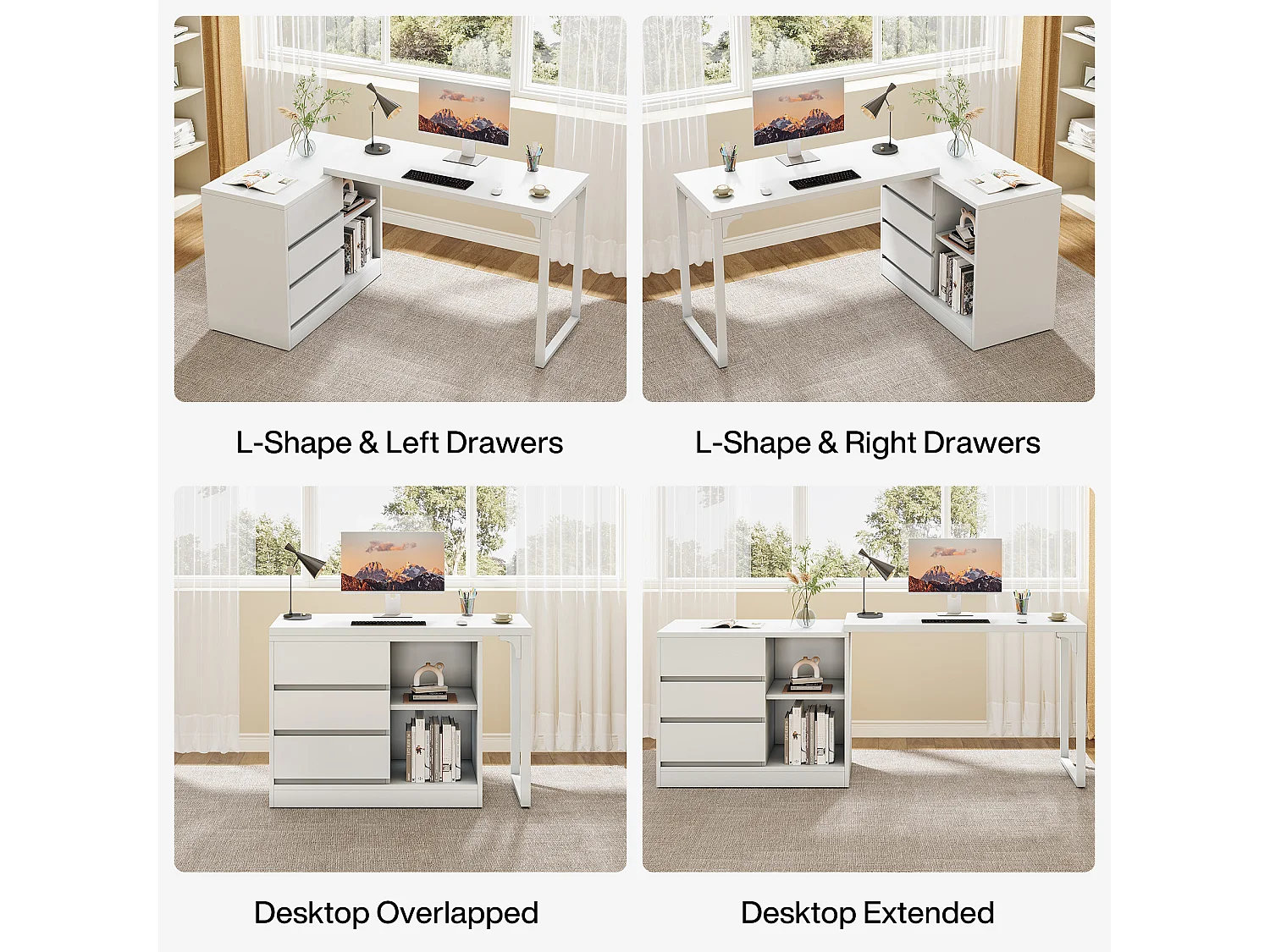 Bureau d'ordinateur en L avec tiroirs et étagères, bureau d'angle blanc réversible