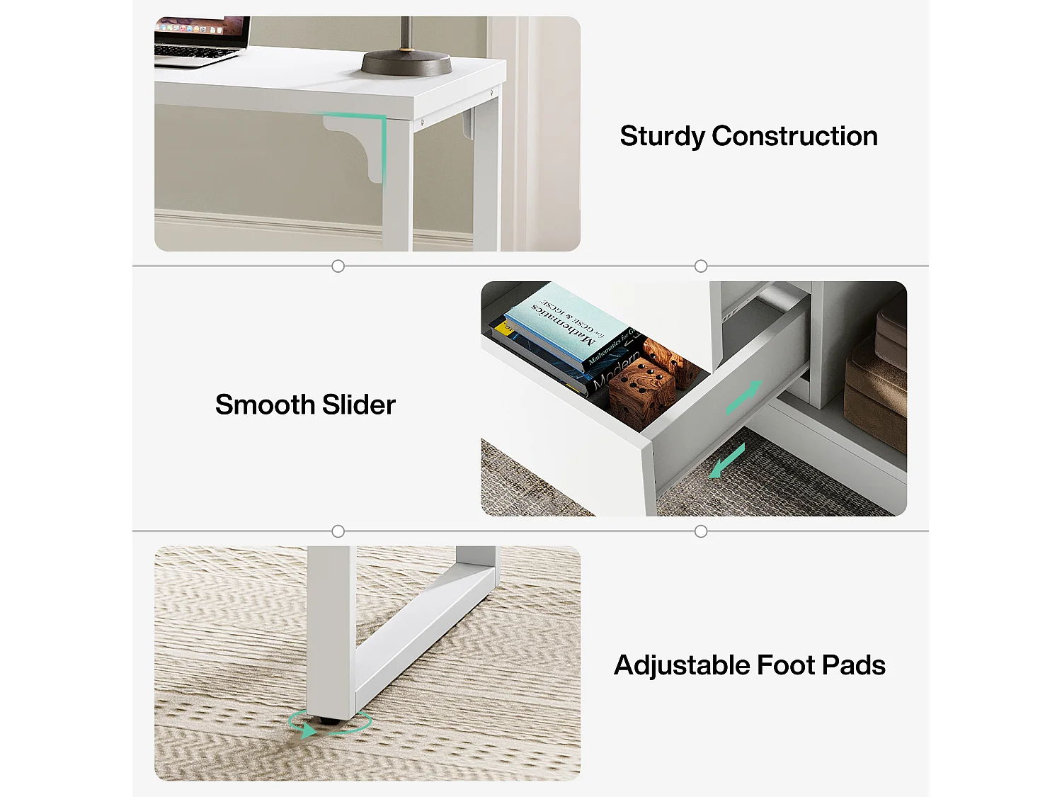 Bureau d'ordinateur en L avec tiroirs et étagères, bureau d'angle blanc réversible