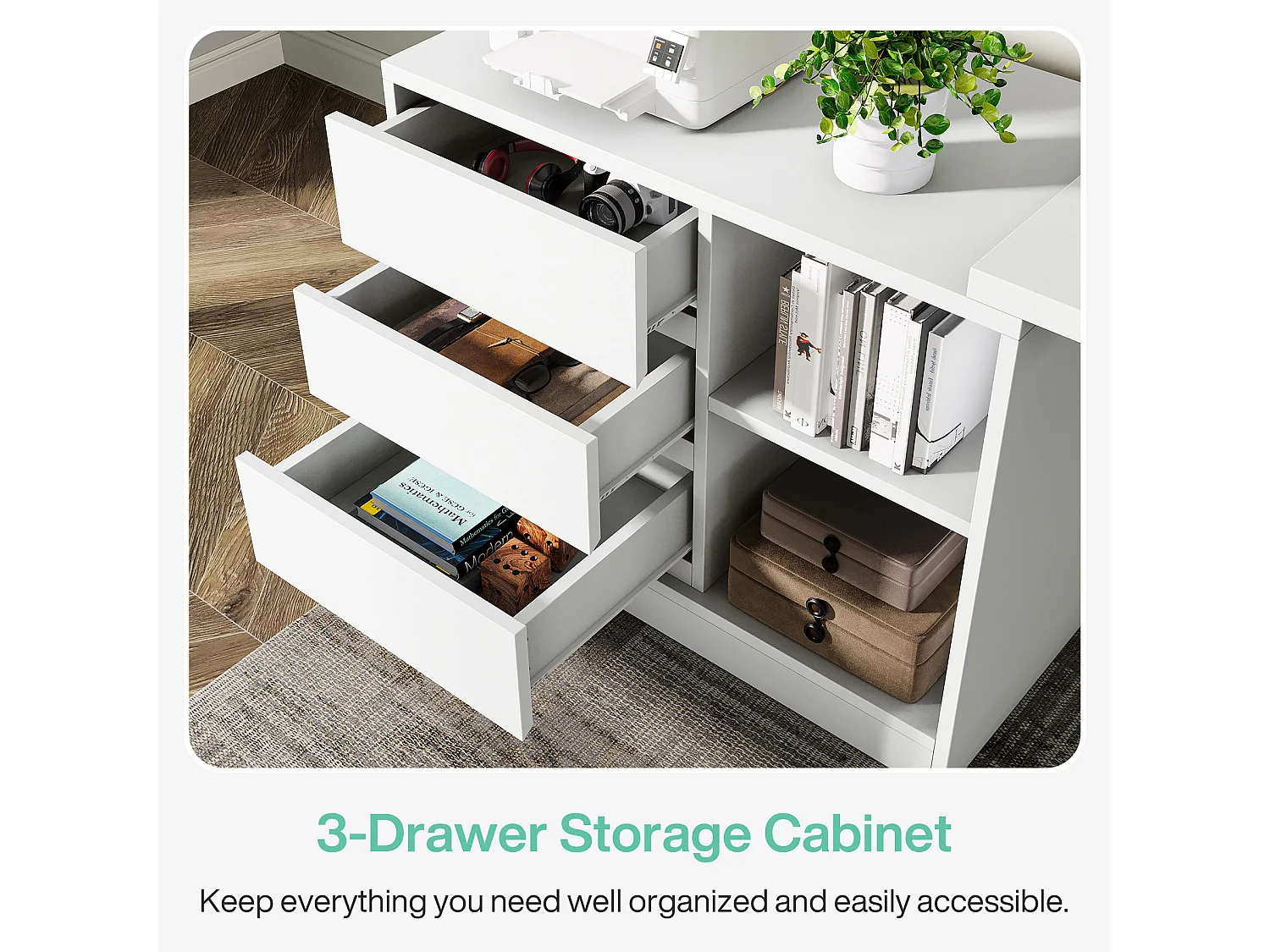 Bureau d'ordinateur en L avec tiroirs et étagères, bureau d'angle blanc réversible