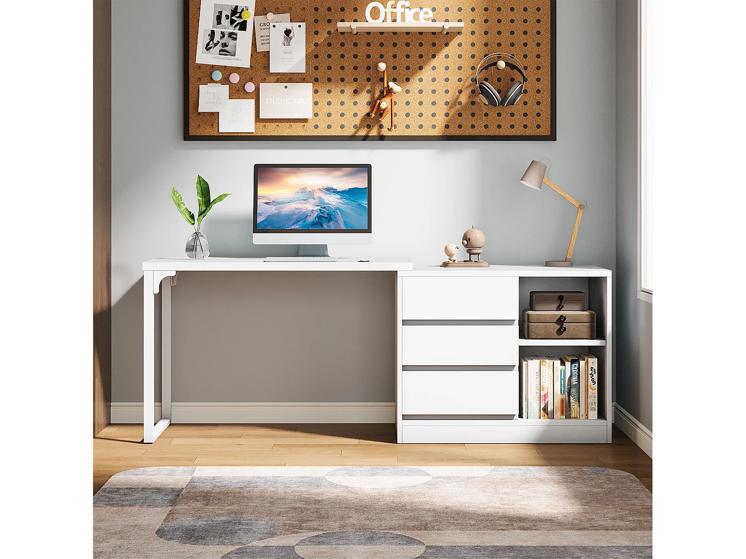 Bureau d'ordinateur en L avec tiroirs et étagères, bureau d'angle blanc réversible